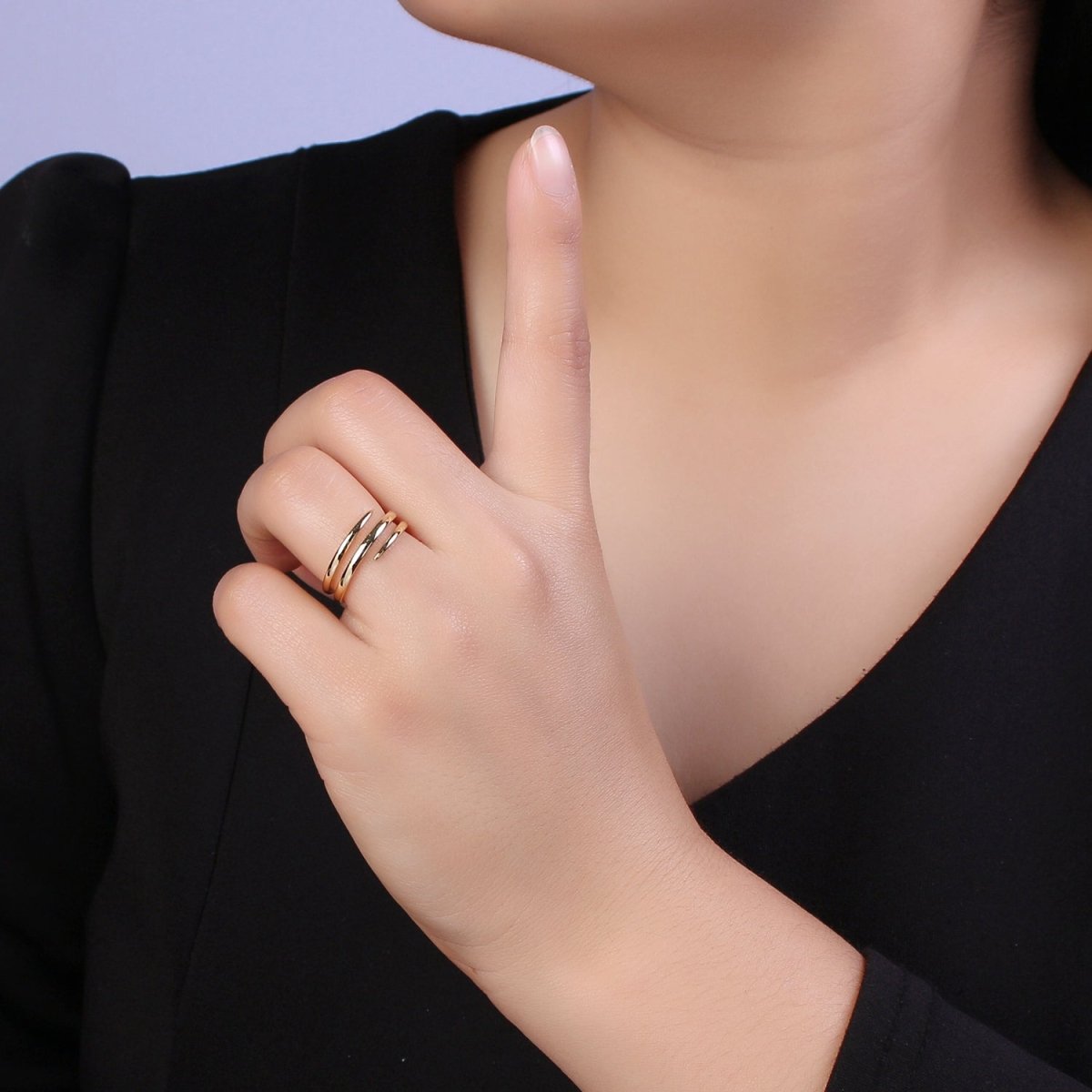 OS 24K Gold Filled Double Band Ring, Minimalist Three Layer Line Adjustable Open Gold Ring S-340