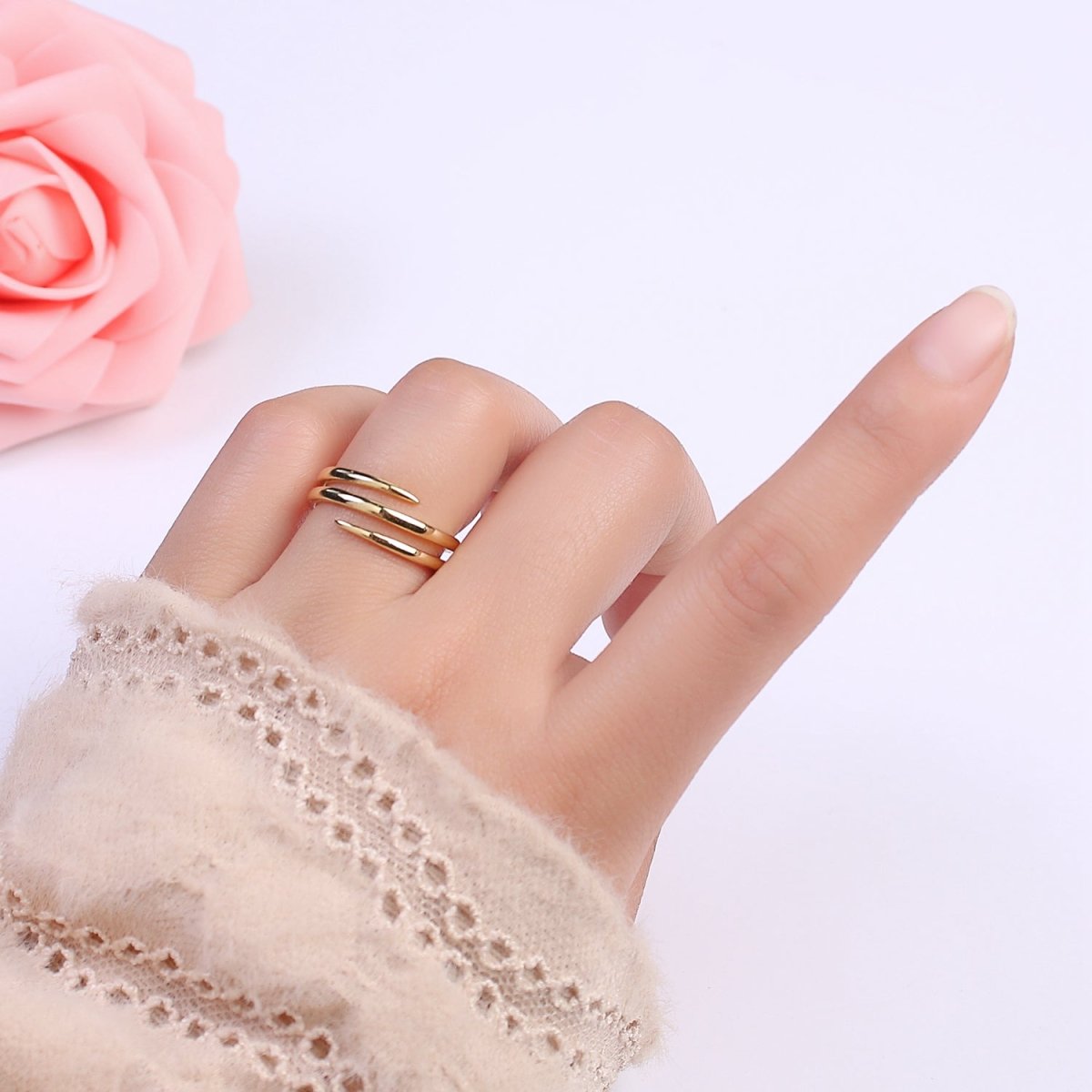 OS 24K Gold Filled Double Band Ring, Minimalist Three Layer Line Adjustable Open Gold Ring S-340