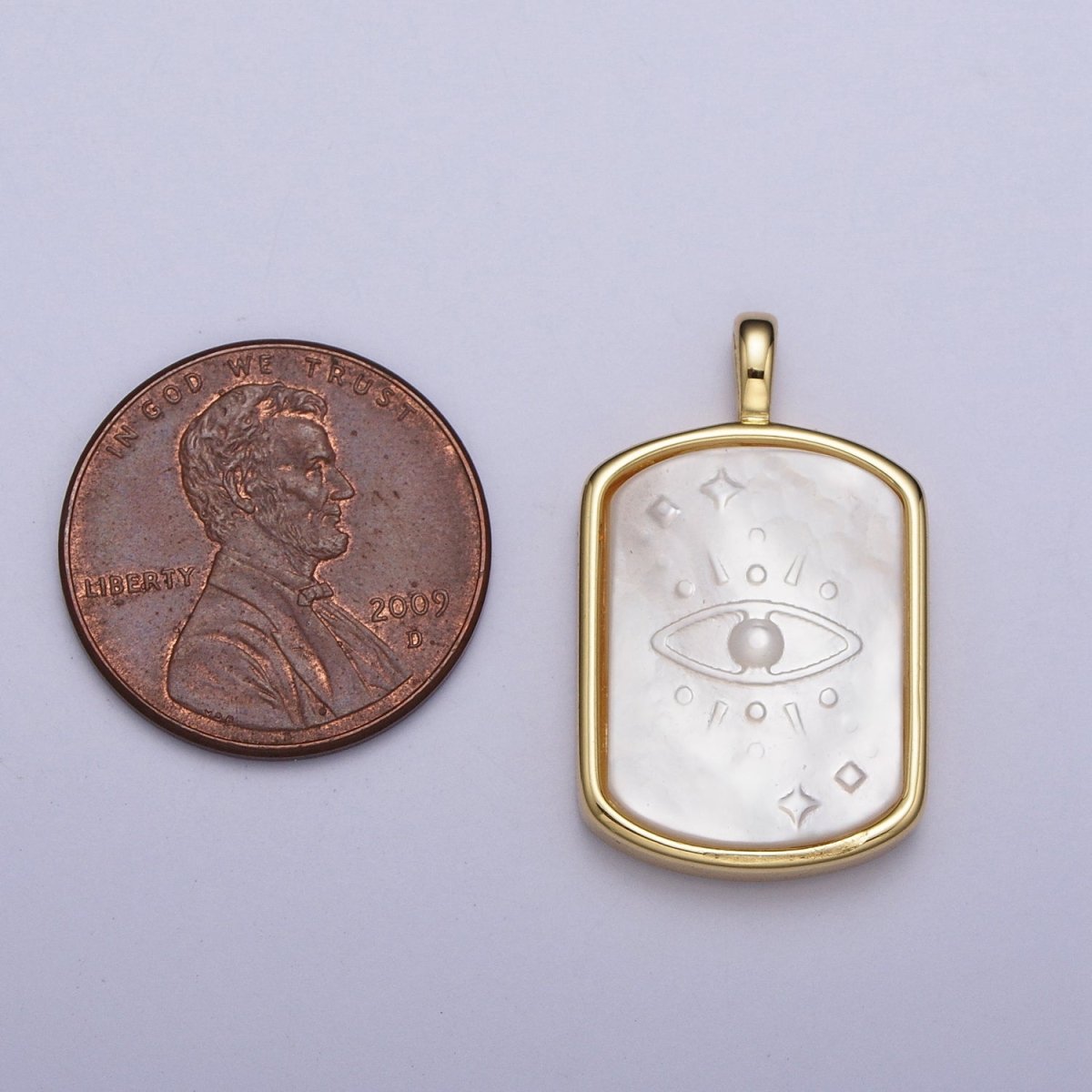 OS 24K Gold Filled Evil Eye Shell Pearl Rectangular Tag Pendant H-331