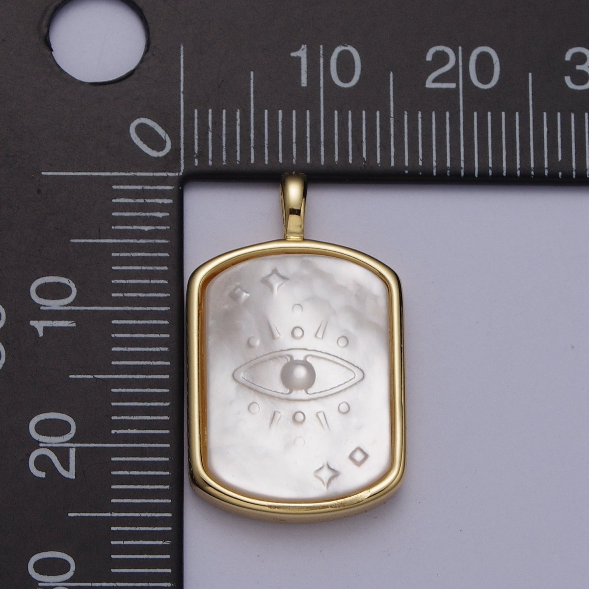 OS 24K Gold Filled Evil Eye Shell Pearl Rectangular Tag Pendant H-331