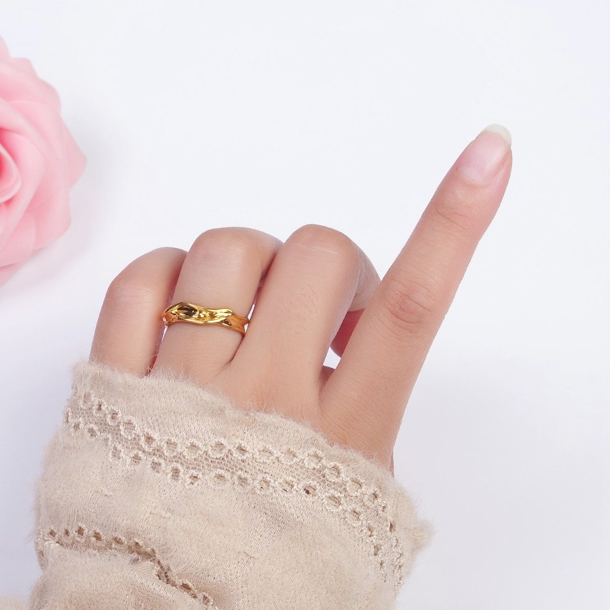 OS 24K Gold Filled Hammered Geometric Adjustable Gold Ring | S-390