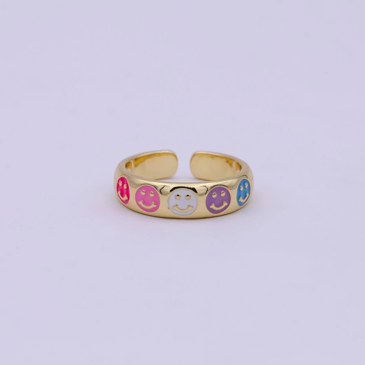 OS 24K Gold Filled Multicolor Enamel Smiley Face Adjustable Ring U-408