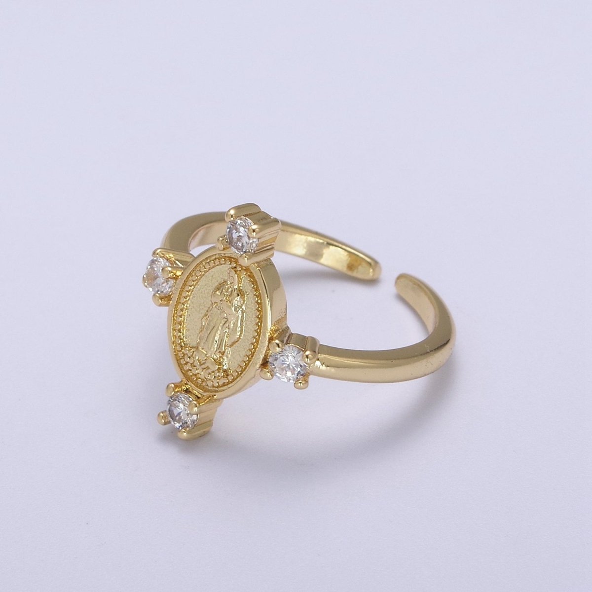 OS 24K Gold Filled Oval Lady Guadalupe Ring, Crystal Zirconia CZ Adjustable Stacking Ring, Gift For Her | U-469 - DLUXCA