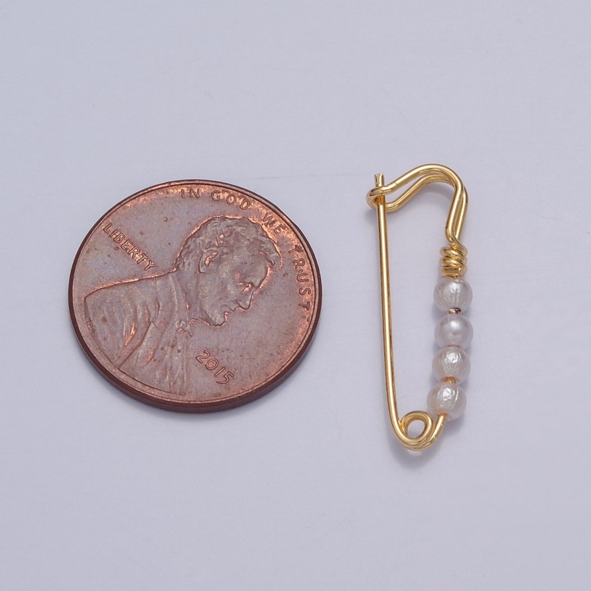 OS 24K Gold Filled Over Brass Safety Pin Pendant with 4 Pearls 23x8mm L-746 - DLUXCA
