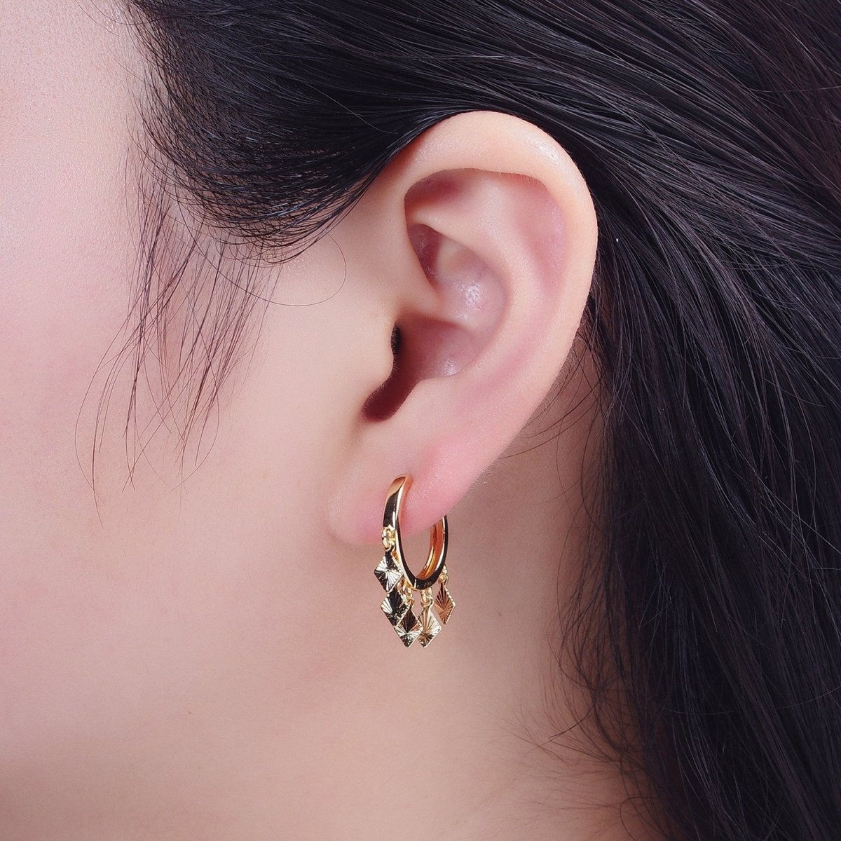 OS 24K Gold Filled Rhombus Textured Starburst Charm Dangle Drop Huggie Hoop Earrings T-177 - DLUXCA