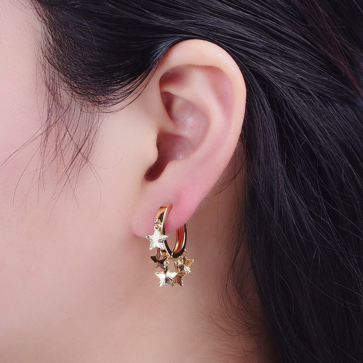 OS 24K Gold Filled Starburst Celestial Star Charm Dangle Drop Minimalist Huggie Hoop Earrings | T-179