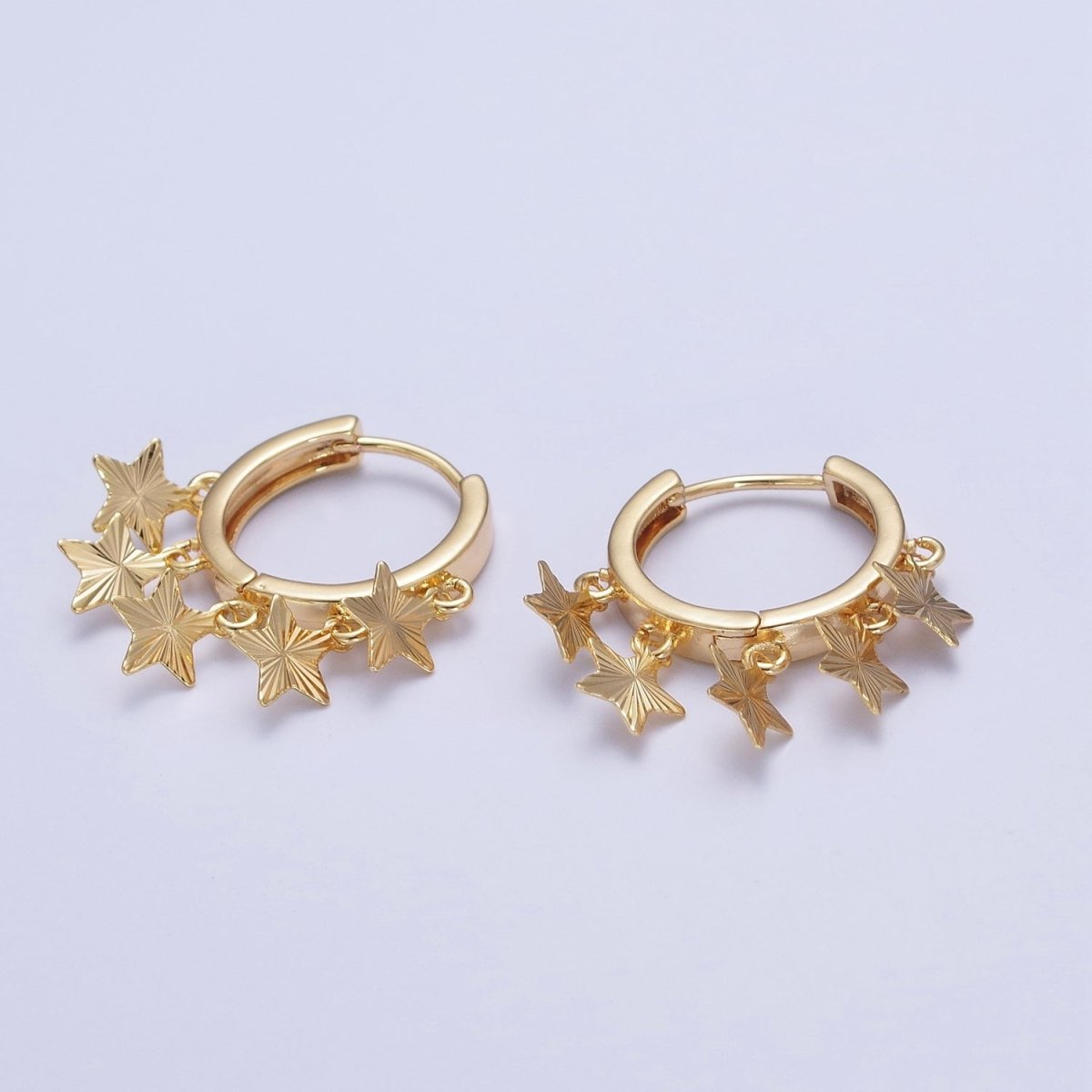 OS 24K Gold Filled Starburst Celestial Star Charm Dangle Drop Minimalist Huggie Hoop Earrings | T-179