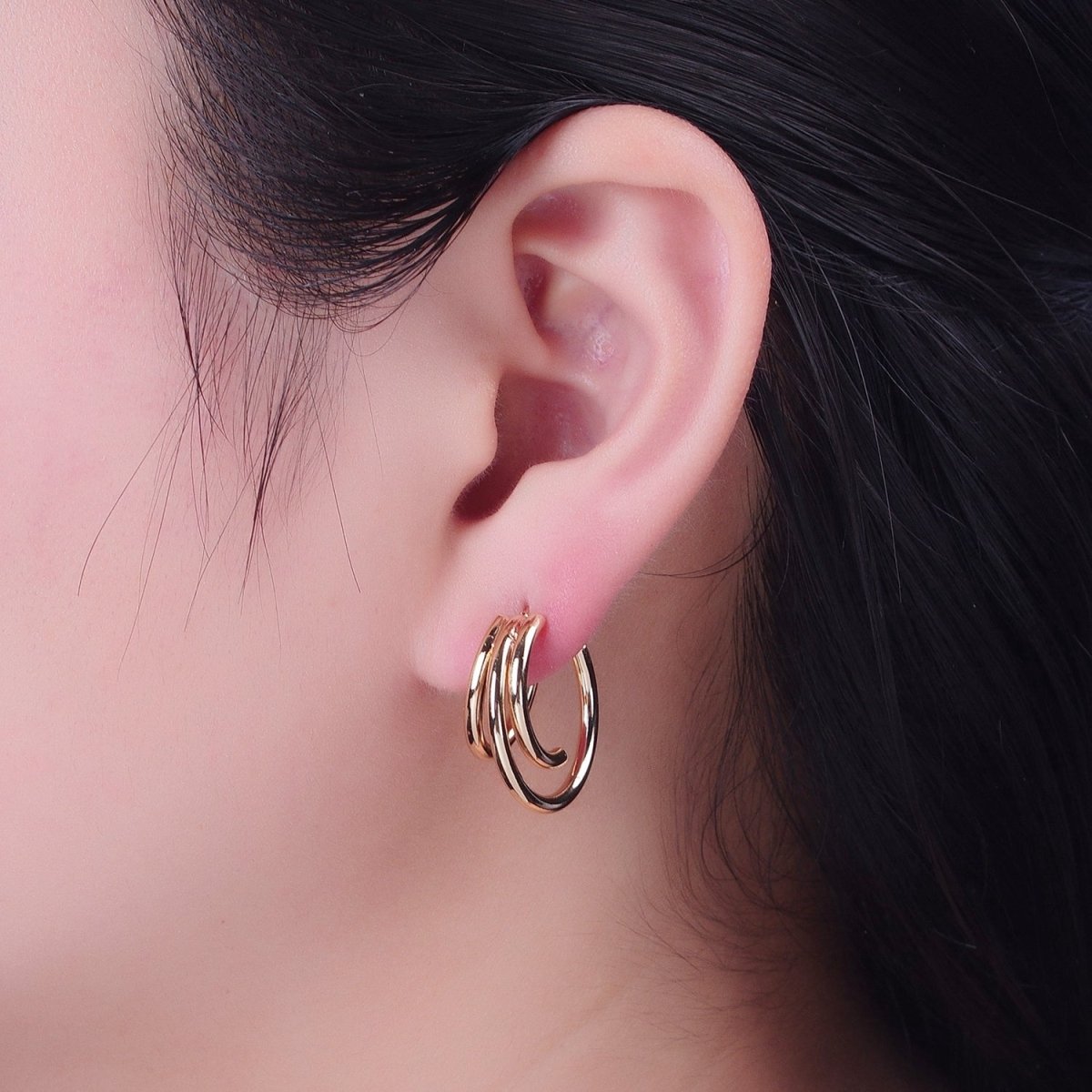 OS 24K Gold Filled Triple Round Bar Gold Stud Earrings P-317 - DLUXCA