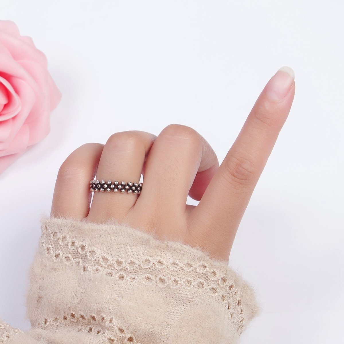 OS Antique Silver Beaded Adjustable Silver Ring | S-210