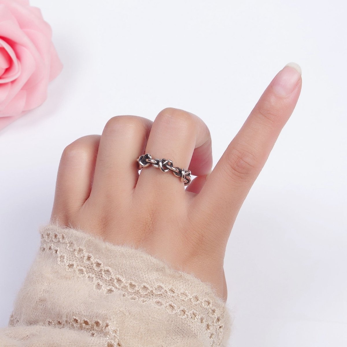 OS Antique Silver Nature Vine Rope Chain Link Adjustable Silver Ring |U-314