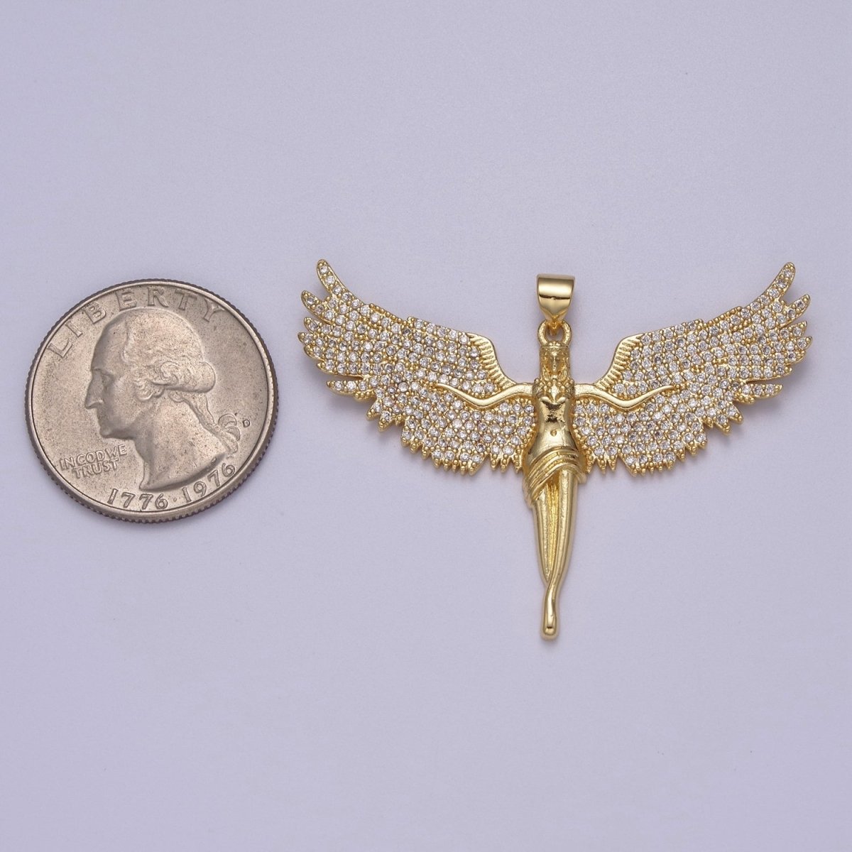 OS Big Gold Angel Necklace Pendant 14K Gold Filled Ascending Wings with Cubic Zirconia Stones Archangel Guardian Angel Religious Jewelry Patron Saint J-347 - DLUXCA