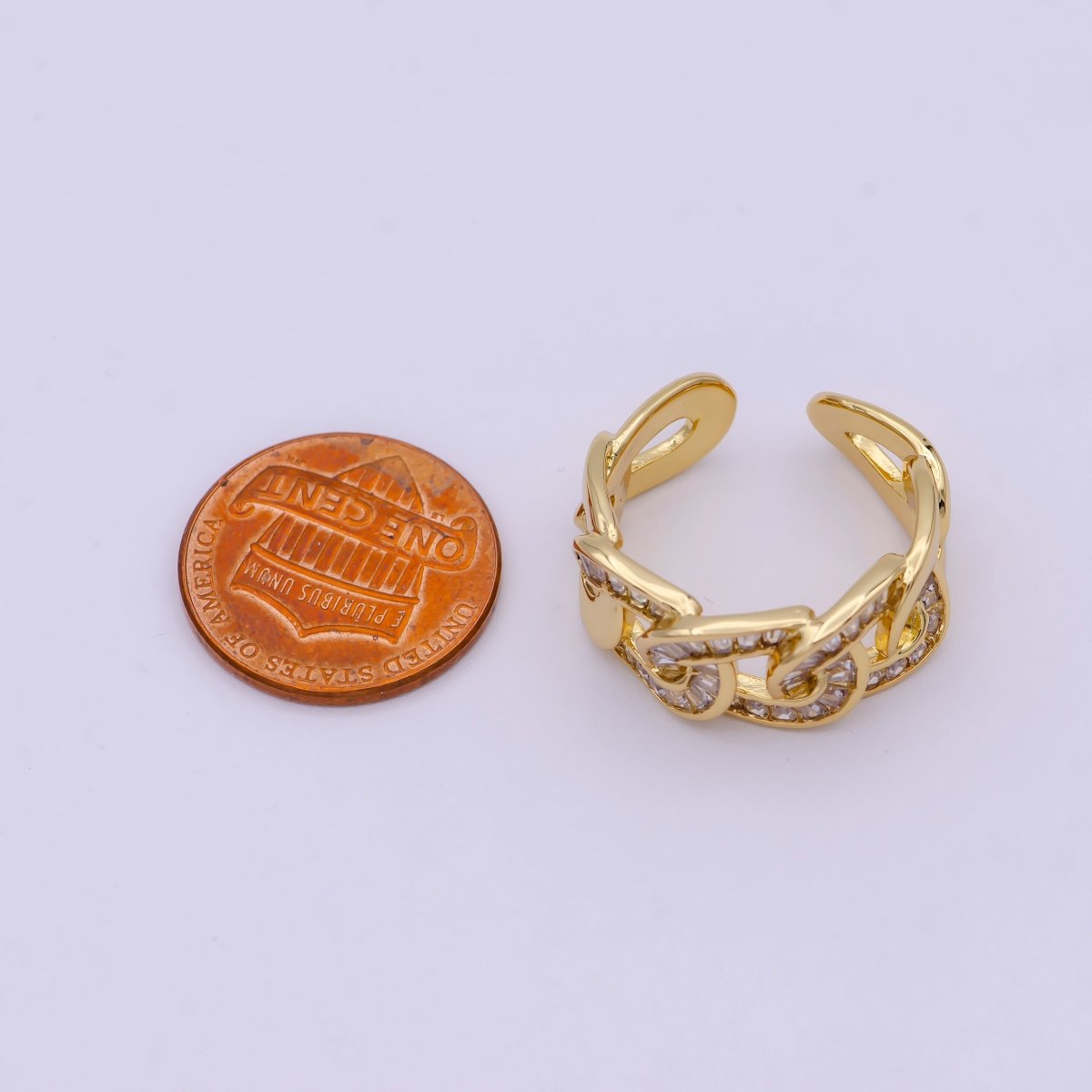 OS Chunky Crystal Zirconia CZ Curb Link Chain Ring, Adjustable 24K Gold Filled Statement Ring | U-389