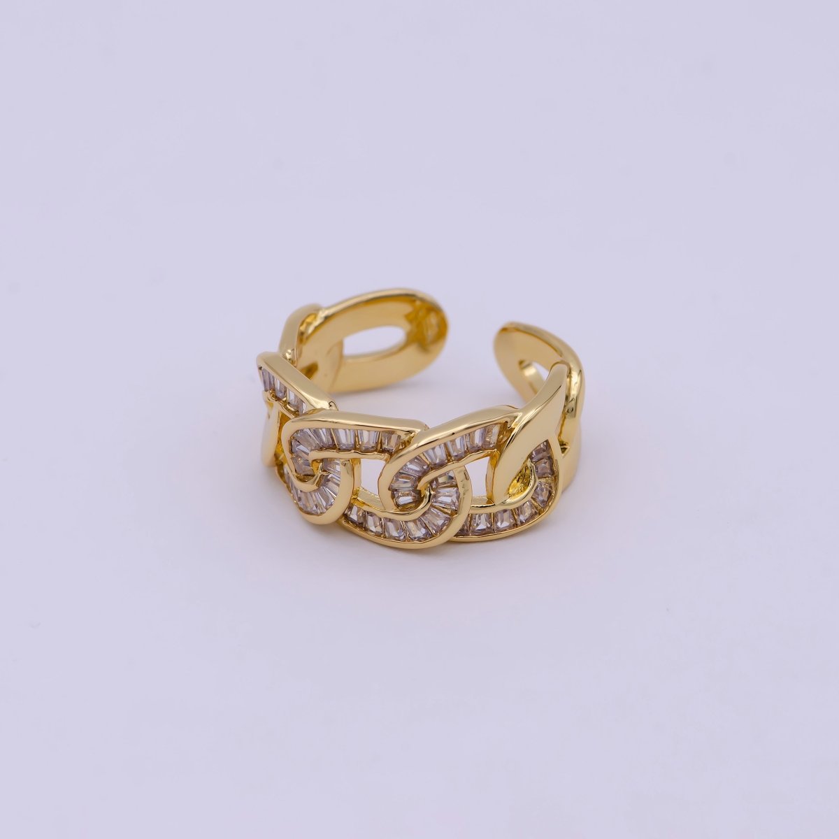OS Chunky Crystal Zirconia CZ Curb Link Chain Ring, Adjustable 24K Gold Filled Statement Ring | U-389