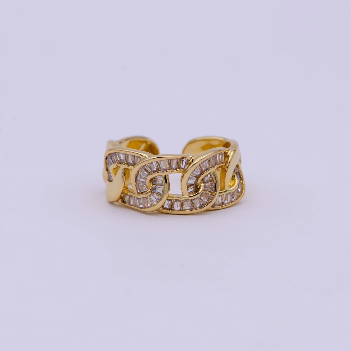 OS Chunky Crystal Zirconia CZ Curb Link Chain Ring, Adjustable 24K Gold Filled Statement Ring | U-389
