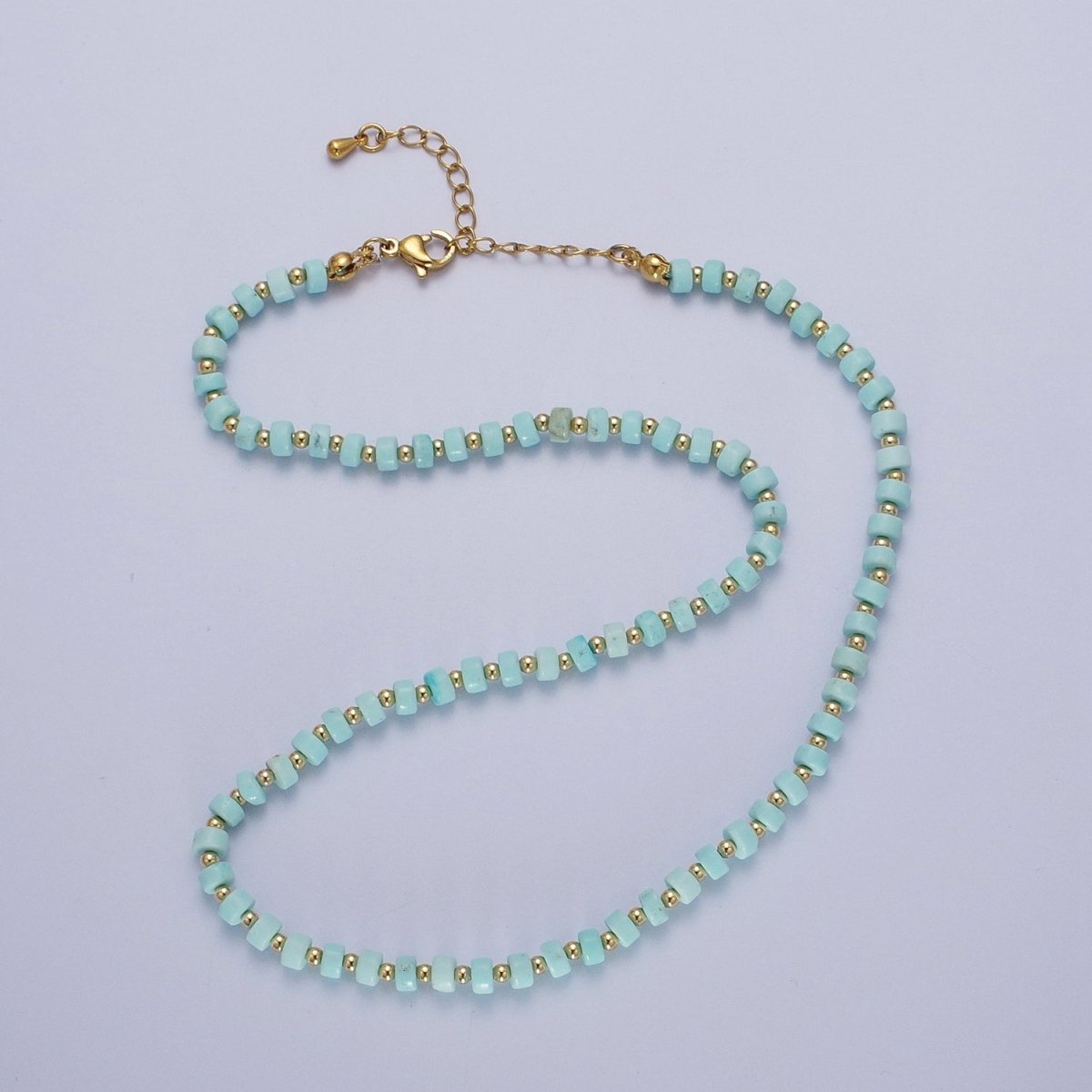 OS Clearance Pricing BLOWOUT Gold Filled Blue Turquoise Rondelle Heishi Gemstone Gold Spacer Beads 16 Inch Choker Necklace | WA-1435 - DLUXCA