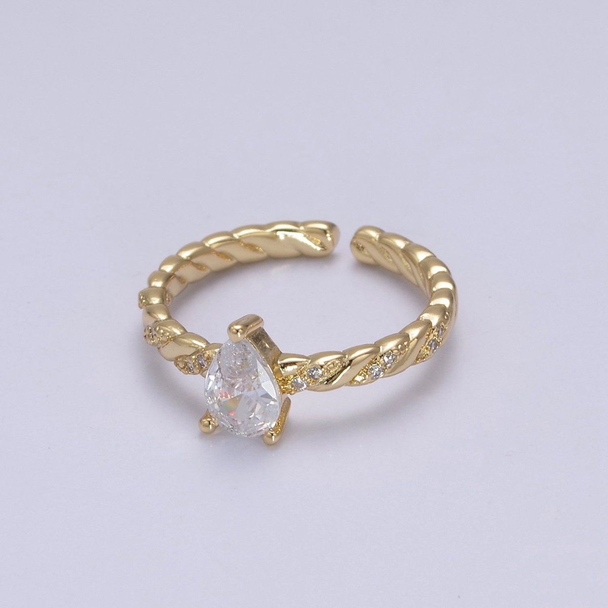 14K Gold Filled Teardrop CZ Solitaire Croissant Micro Paved Ring | U505