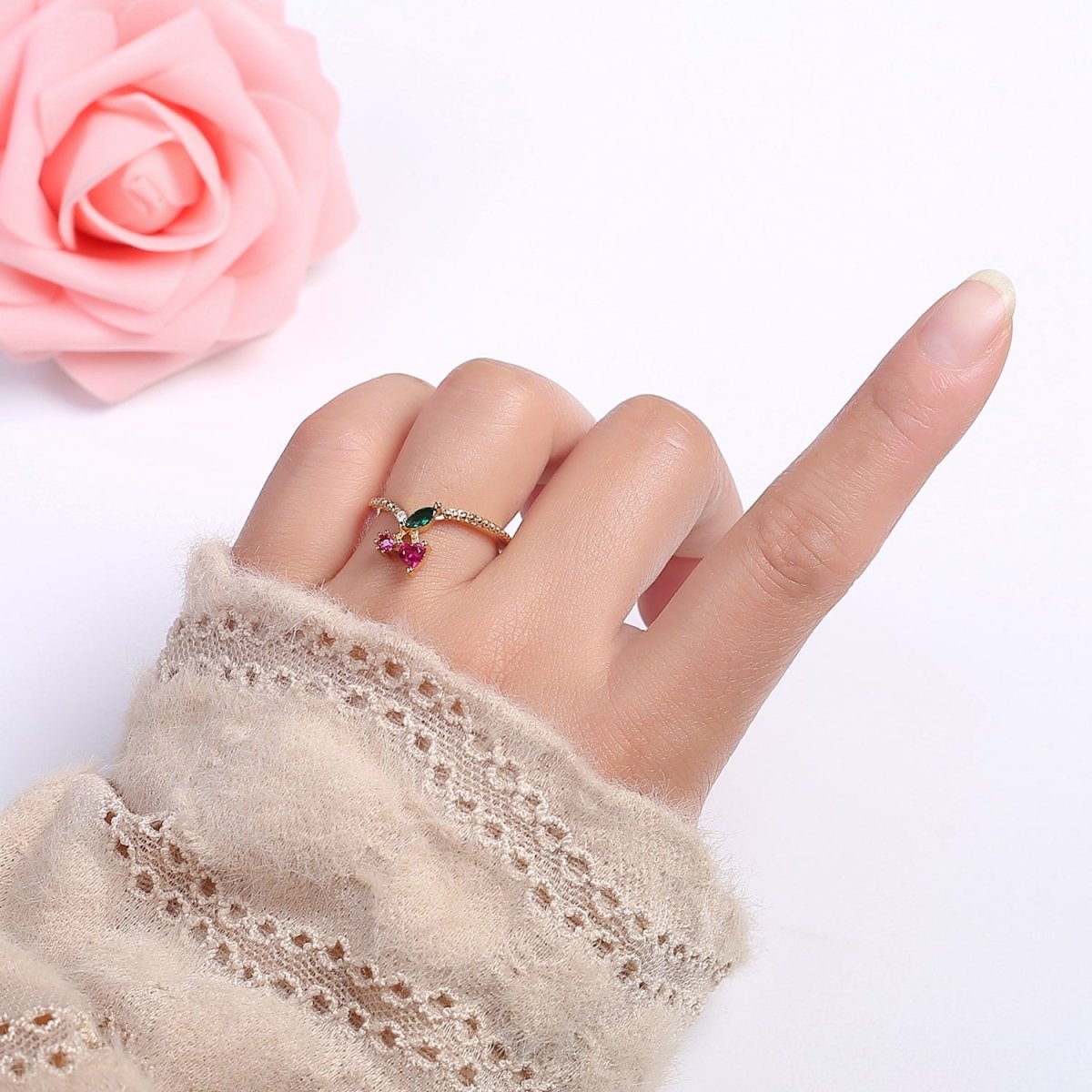 OS Dainty Cherry Ring Open Adjustable Fruit Jewelry O-2189