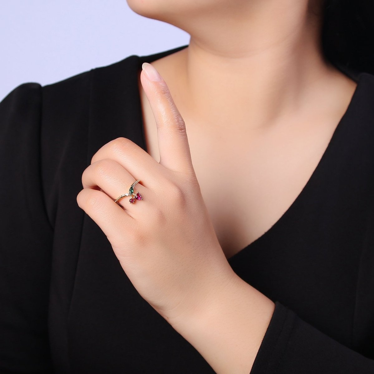 OS Dainty Cherry Ring Open Adjustable Fruit Jewelry O-2189