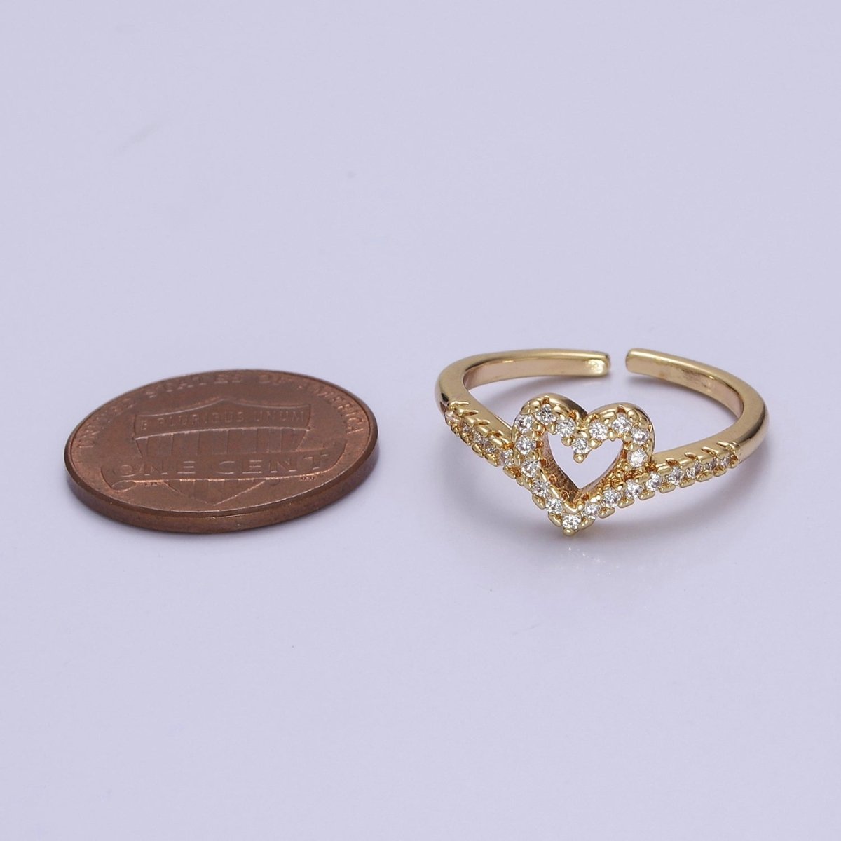 OS Dainty Heart Ring Open Adjustable Gold Filled V Band Ring with CZ Stone For Minimalist Jewelry O-2072