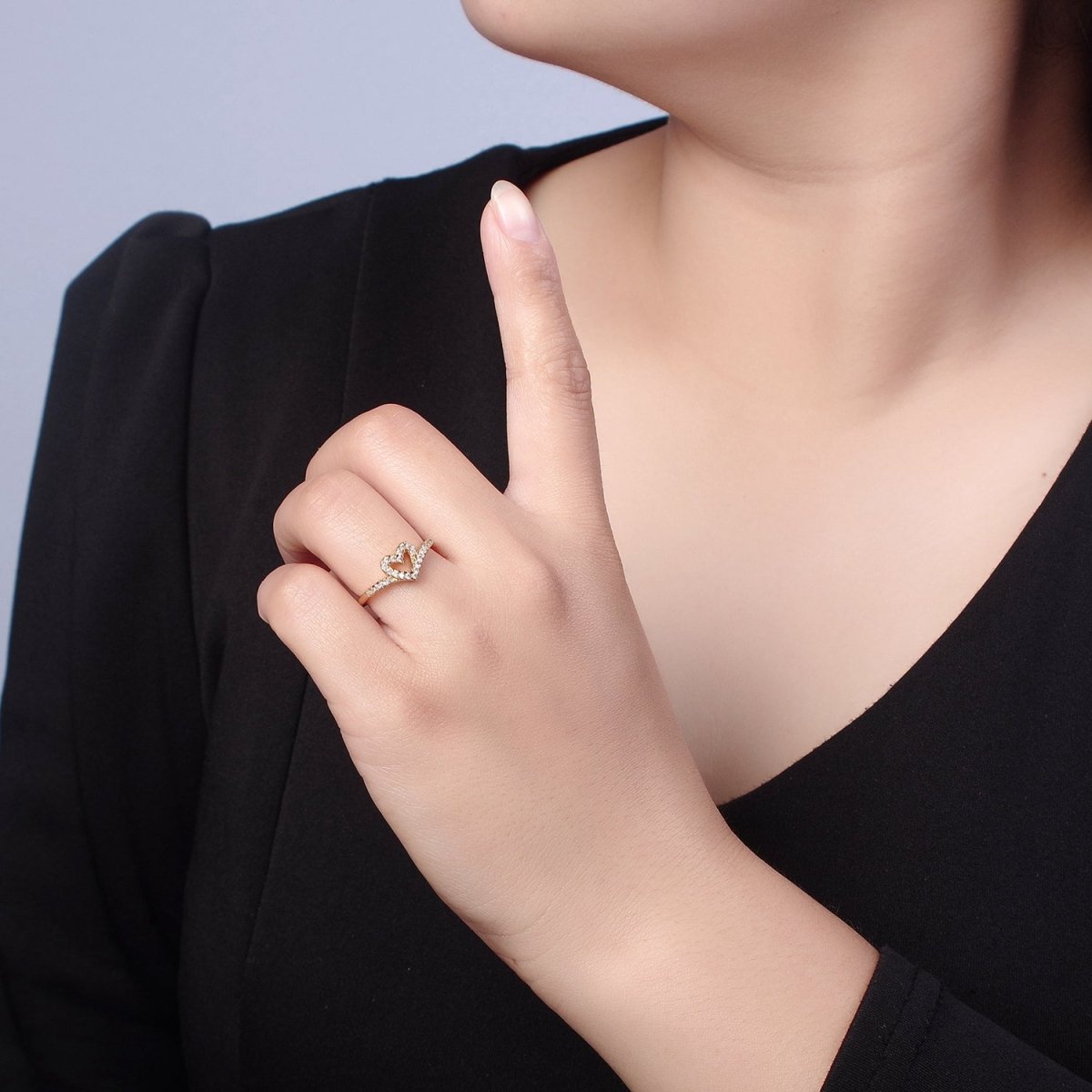 OS Dainty Heart Ring Open Adjustable Gold Filled V Band Ring with CZ Stone For Minimalist Jewelry O-2072