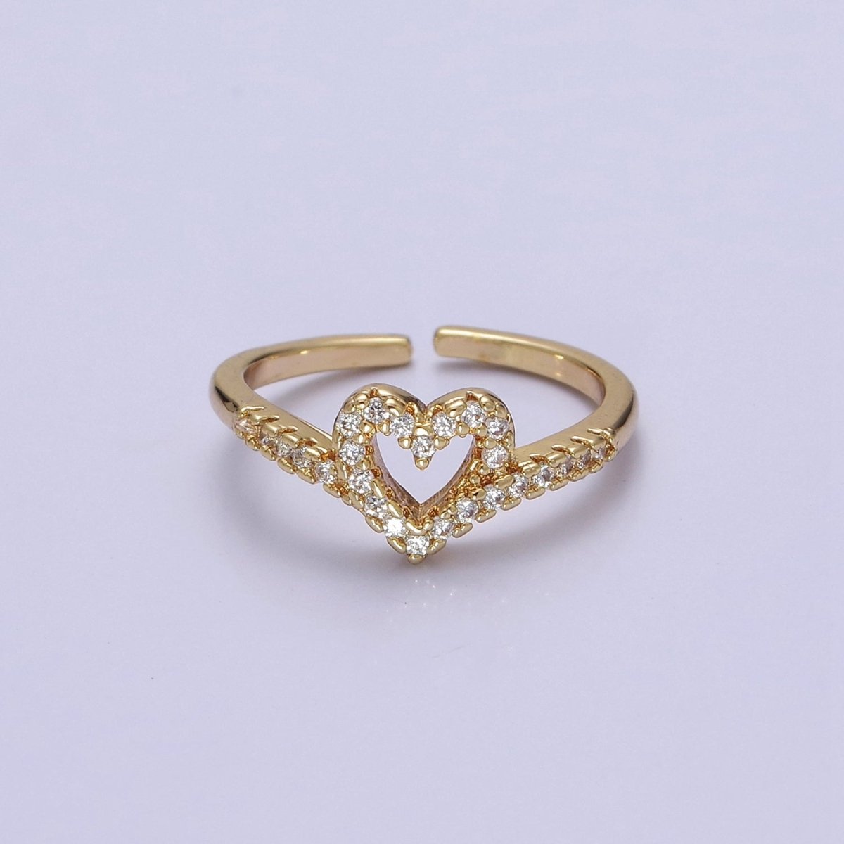 OS Dainty Heart Ring Open Adjustable Gold Filled V Band Ring with CZ Stone For Minimalist Jewelry O-2072