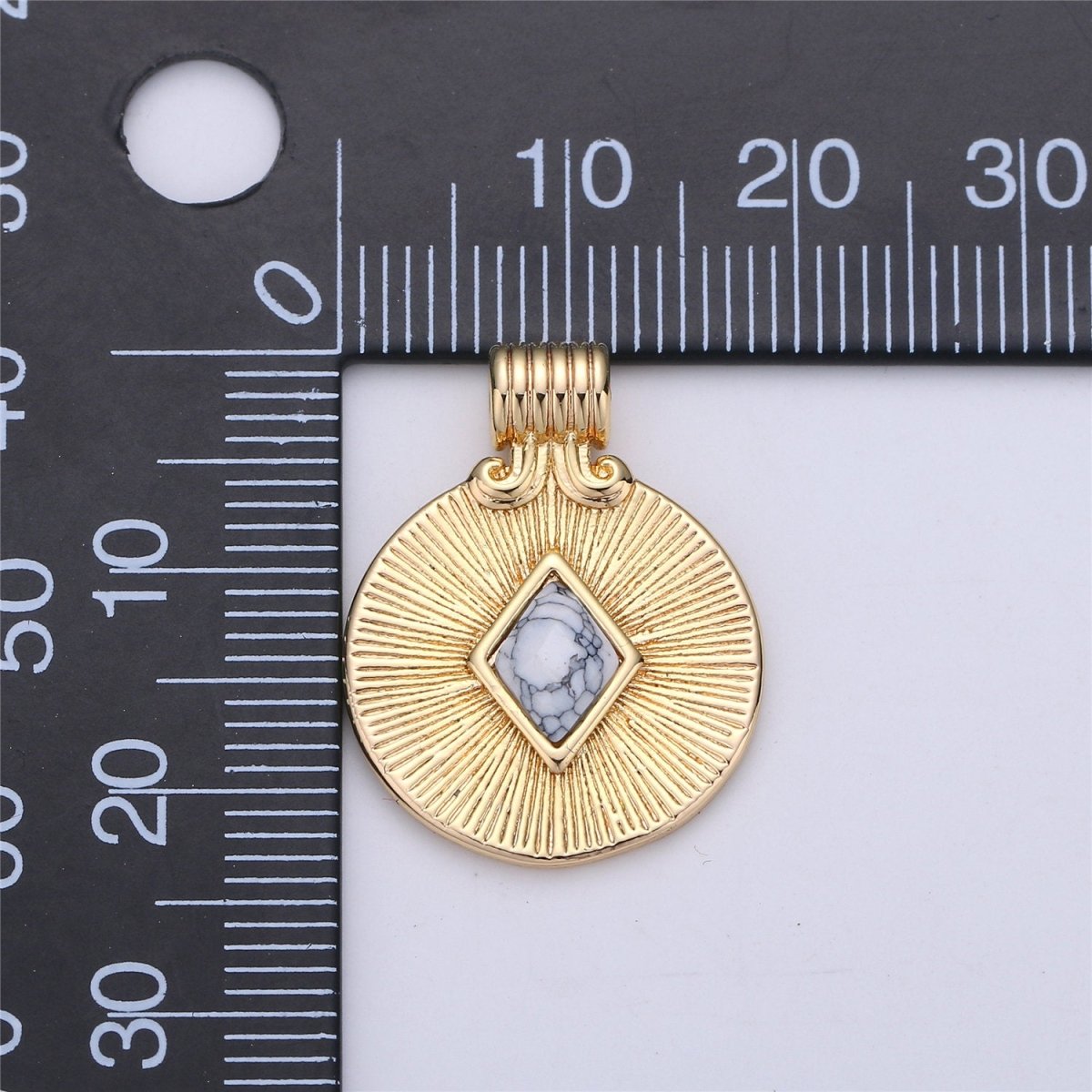 Dainty Medallion Pendant - 18K Gold Filled Rhombus Howlite Turquoise Stone Round Disc Charm Necklace Pendant C-742