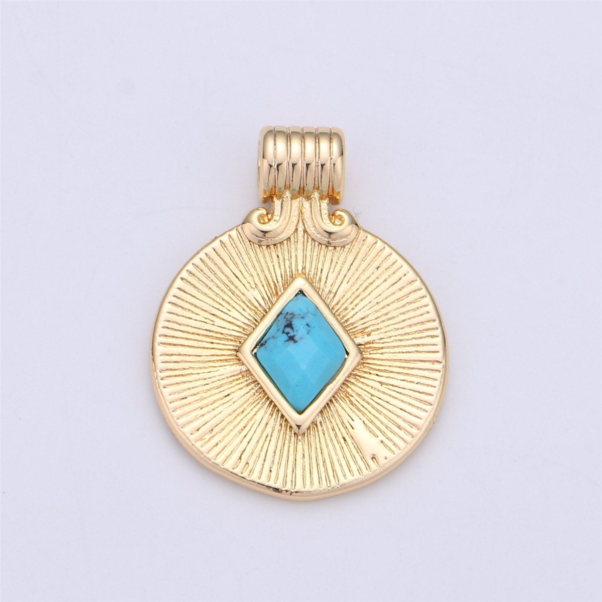 Dainty Medallion Pendant - 18K Gold Filled Rhombus Howlite Turquoise Stone Round Disc Charm Necklace Pendant C-742