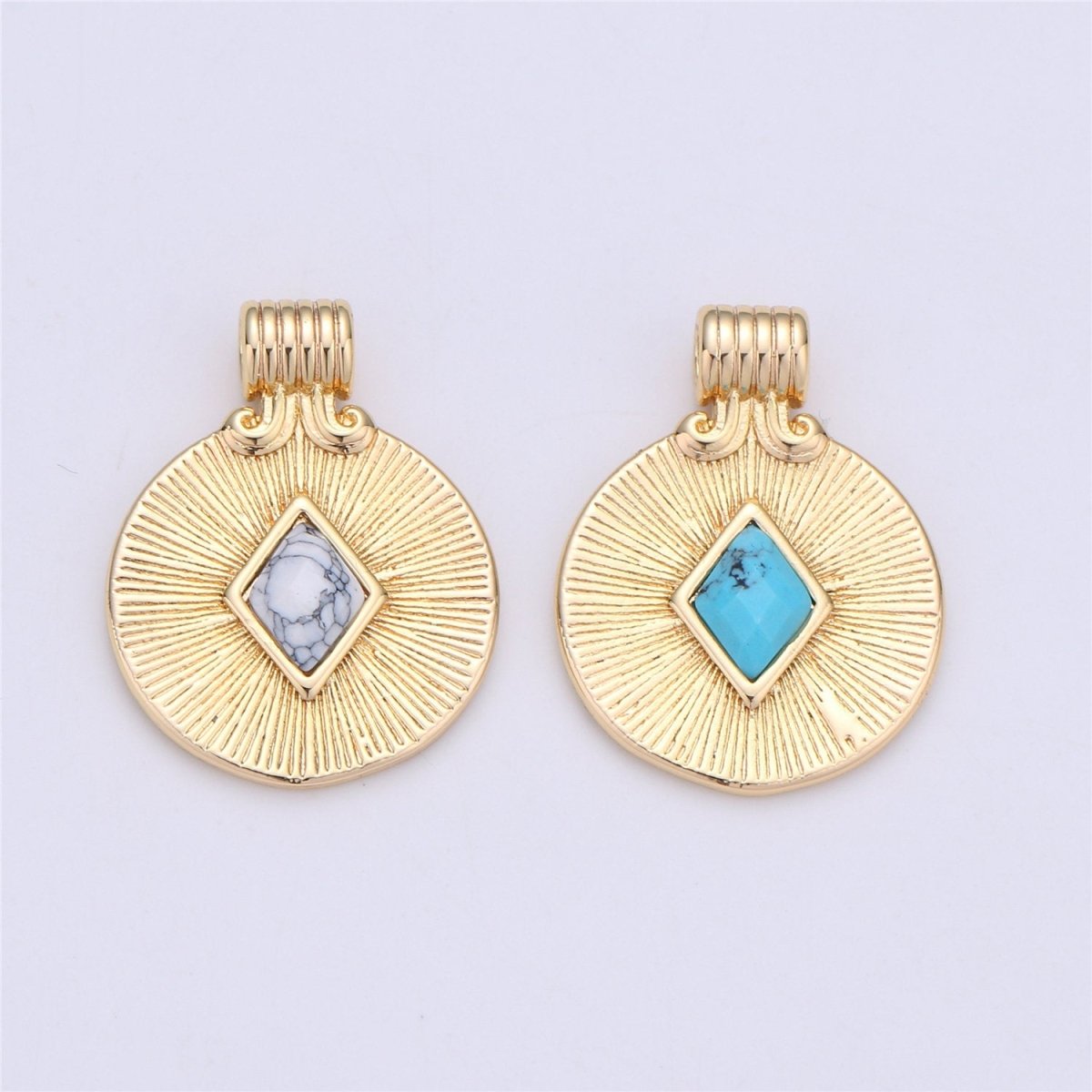 Dainty Medallion Pendant - 18K Gold Filled Rhombus Howlite Turquoise Stone Round Disc Charm Necklace Pendant C-742