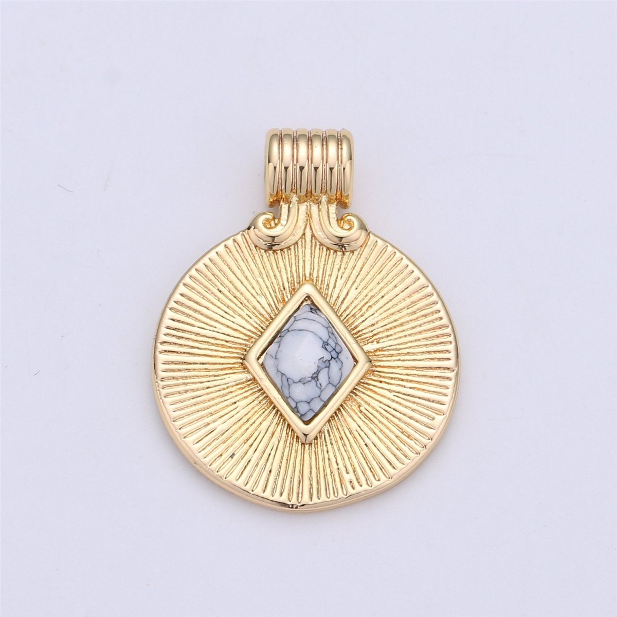 Dainty Medallion Pendant - 18K Gold Filled Rhombus Howlite Turquoise Stone Round Disc Charm Necklace Pendant C-742