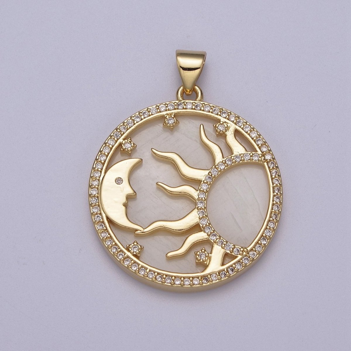 OS Dainty Pearl Gold Good Morning Charm with Cubic Zirconia Star Moon Sun Ray Pendant J-420