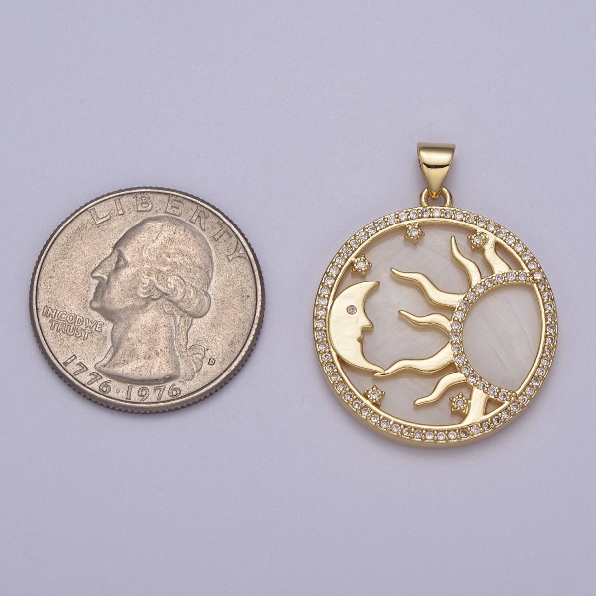 OS Dainty Pearl Gold Good Morning Charm with Cubic Zirconia Star Moon Sun Ray Pendant J-420