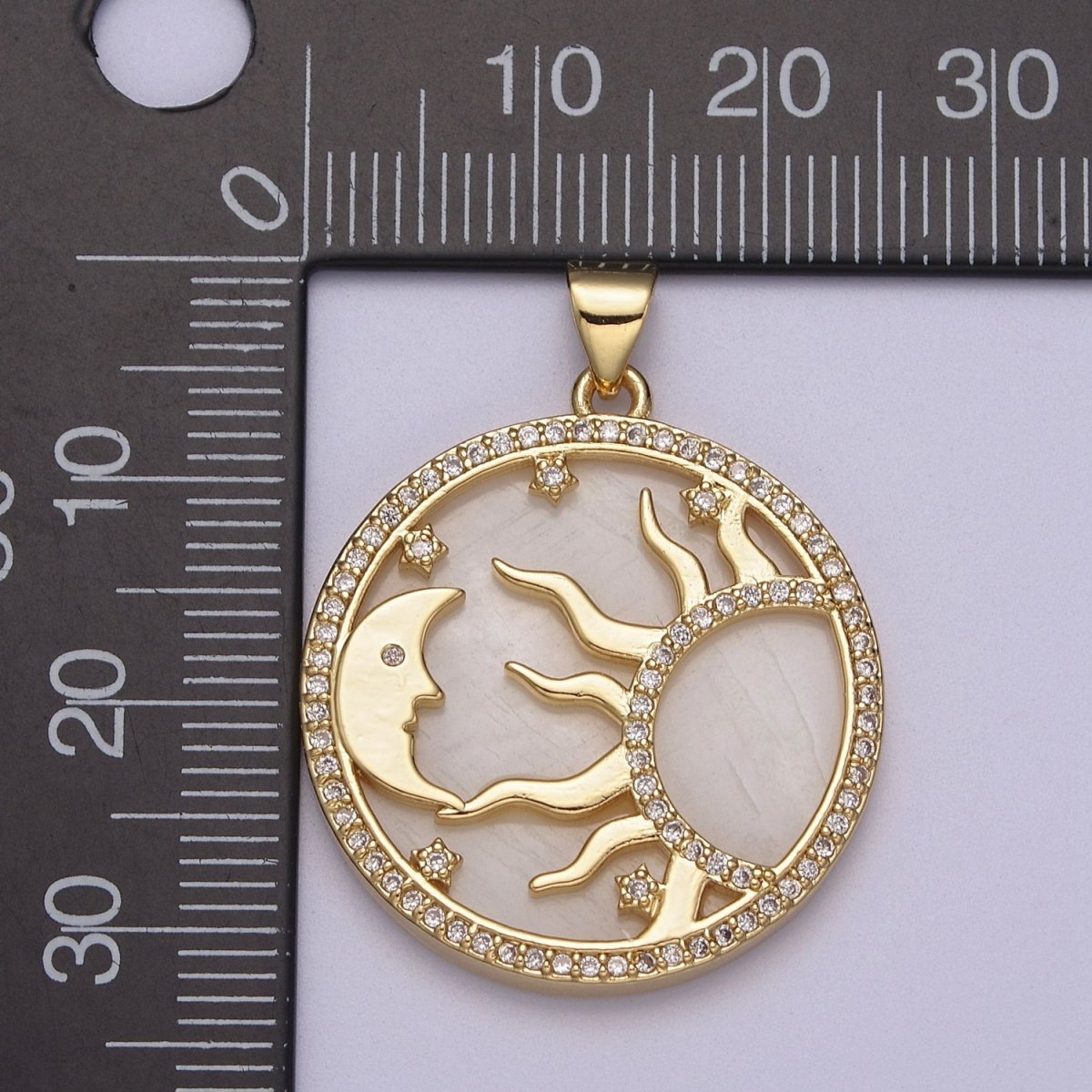 OS Dainty Pearl Gold Good Morning Charm with Cubic Zirconia Star Moon Sun Ray Pendant J-420
