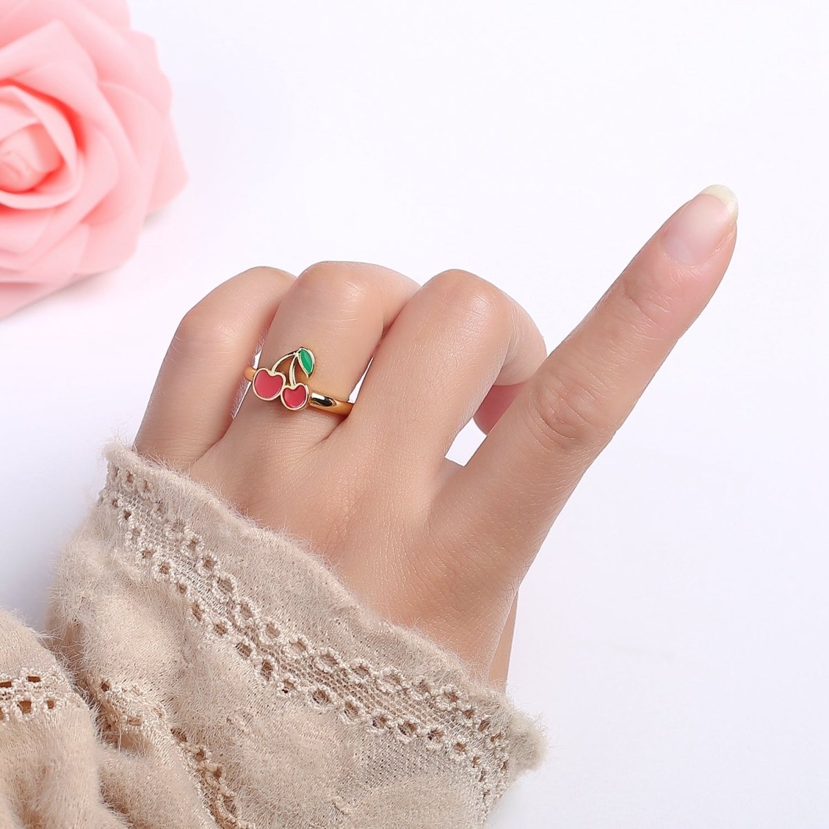 OS Dainty Red Cherry Ring Fruit Jewelry O-2170