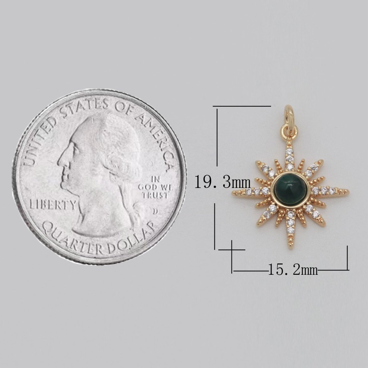 OS DEL-Dainty 18K Gold Filled Star Burst Charm Green CZ Round Star Medallion Pendant, 19.5x15.5mm, Micro Pave Gold Sun Celestial Jewelry | CL-M753