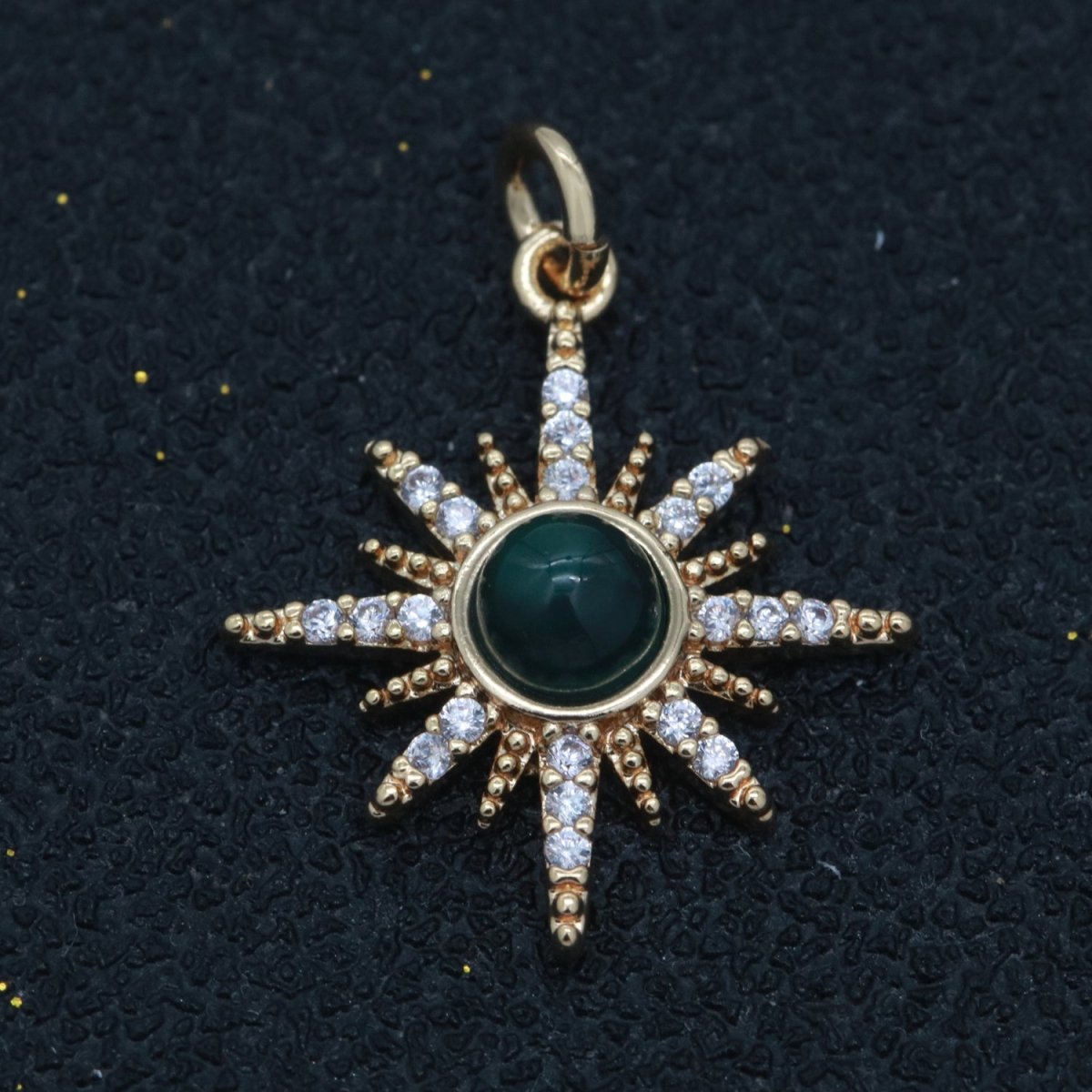 OS DEL-Dainty 18K Gold Filled Star Burst Charm Green CZ Round Star Medallion Pendant, 19.5x15.5mm, Micro Pave Gold Sun Celestial Jewelry | CL-M753