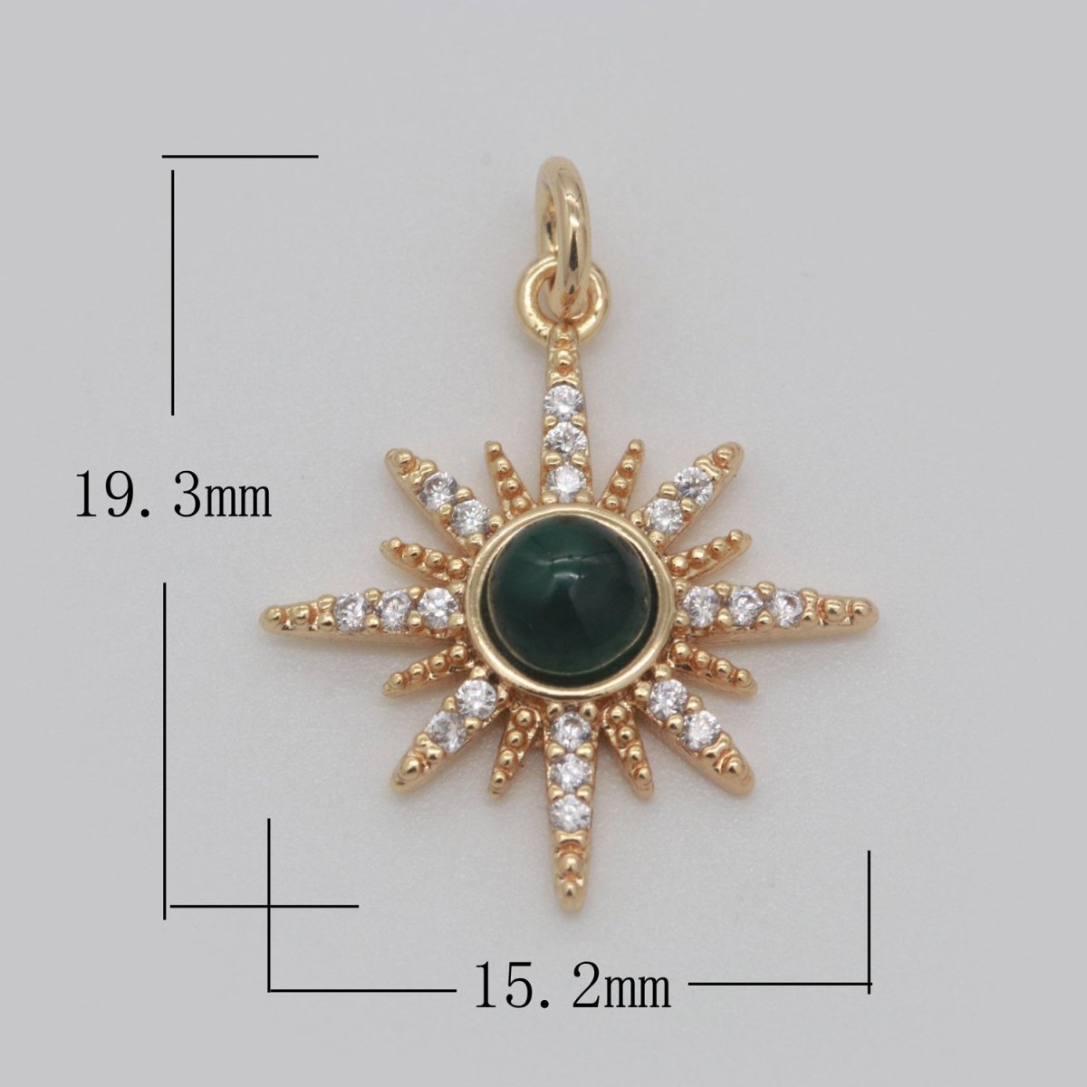 OS DEL-Dainty 18K Gold Filled Star Burst Charm Green CZ Round Star Medallion Pendant, 19.5x15.5mm, Micro Pave Gold Sun Celestial Jewelry | CL-M753