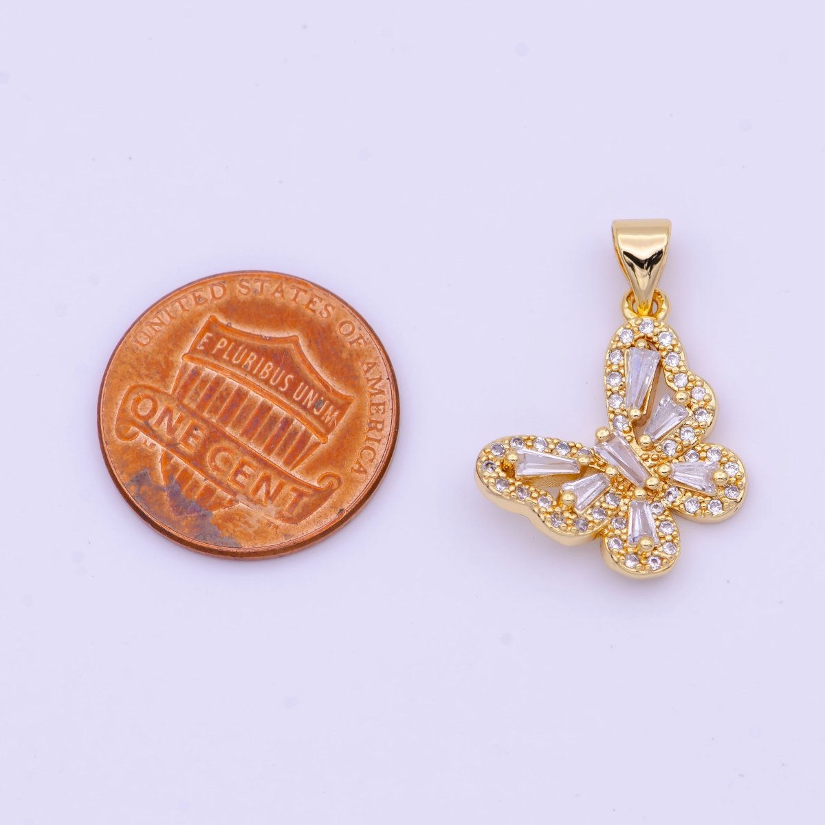 OS DEL- OS 20mm Micro Paved Mariposa Butterfly Baguette CZ Gold Pendant  H-690