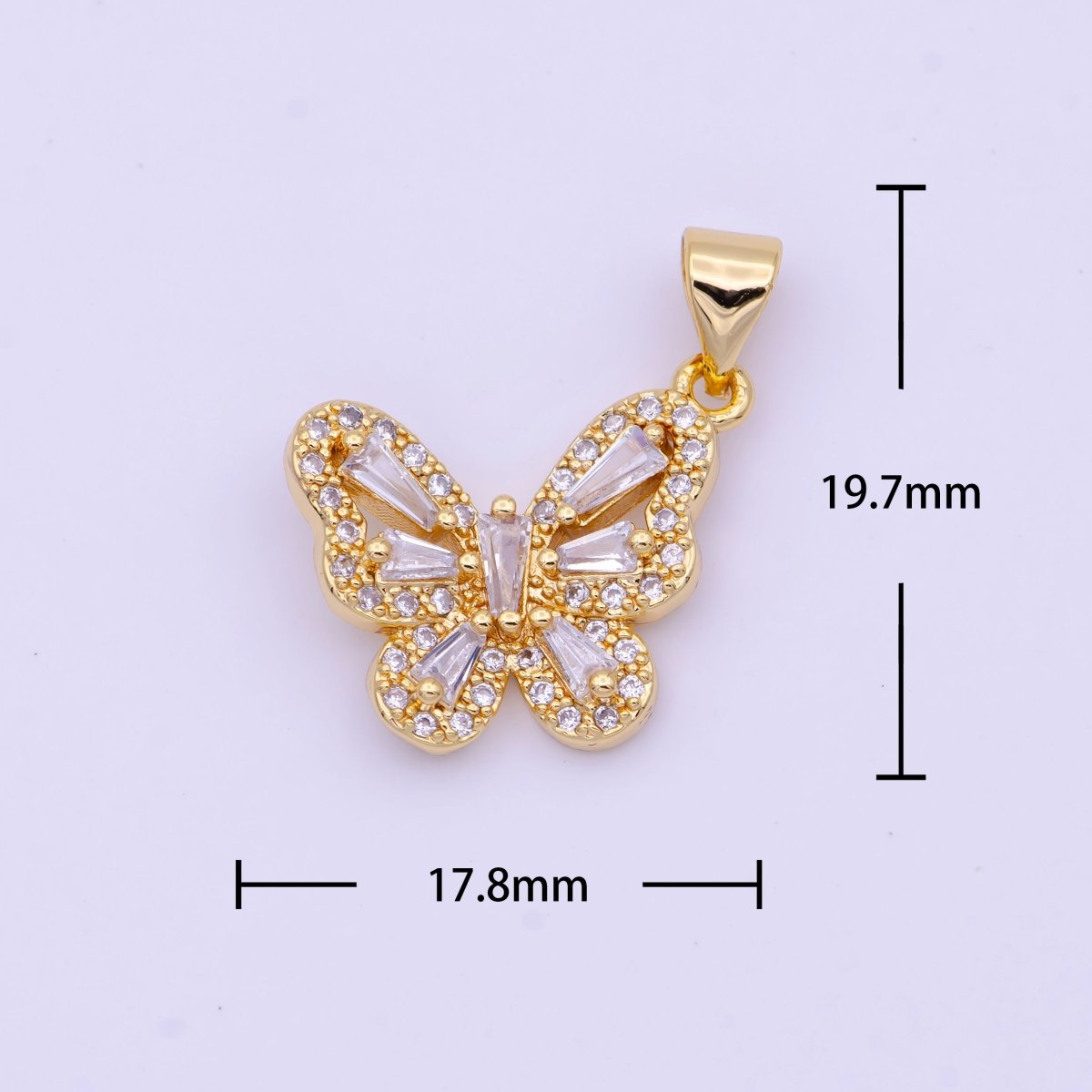 OS DEL- OS 20mm Micro Paved Mariposa Butterfly Baguette CZ Gold Pendant  H-690
