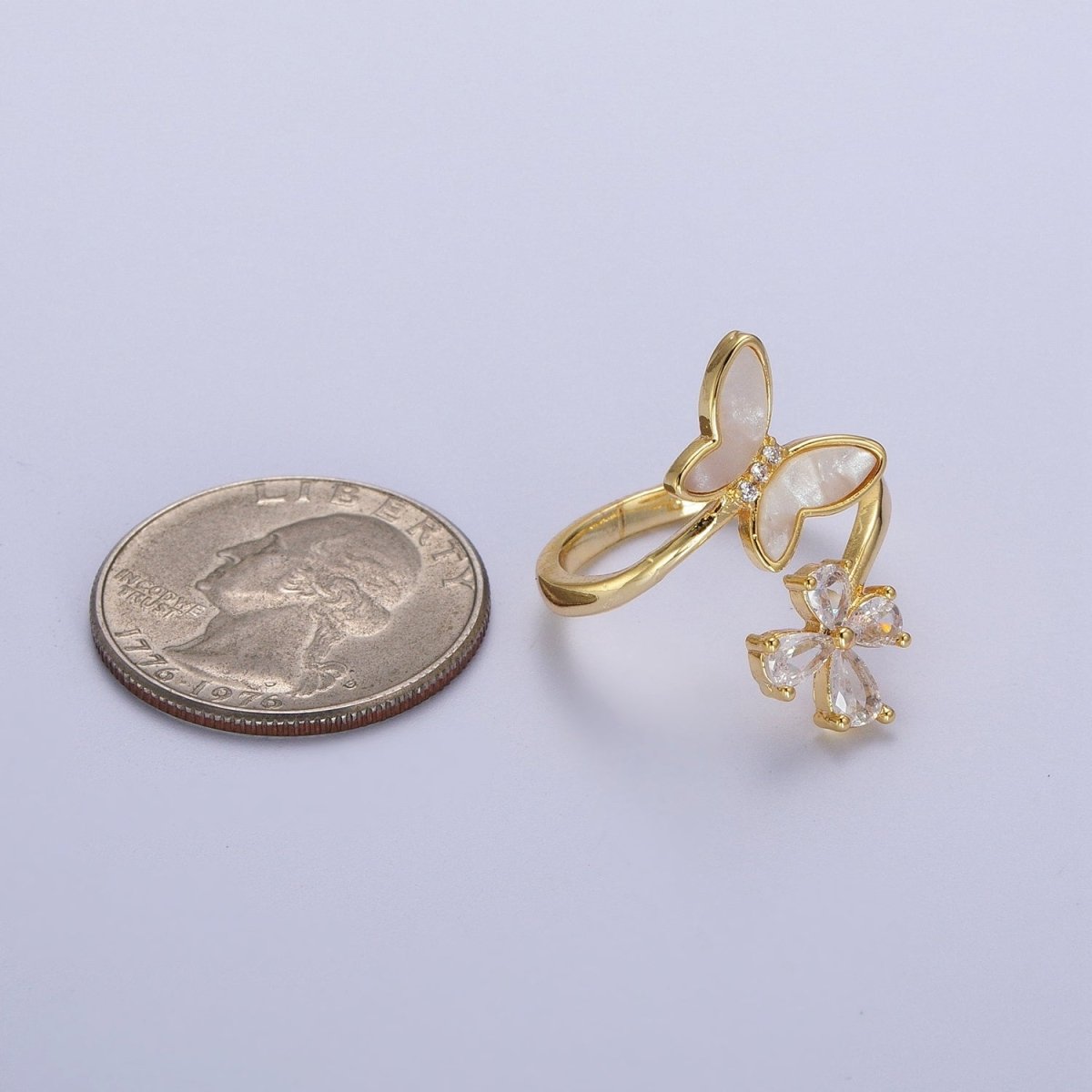 OS Double  Shell Pearl & Clear CZ Mariposa Butterfly Open Adjustable Gold Ring | O-148