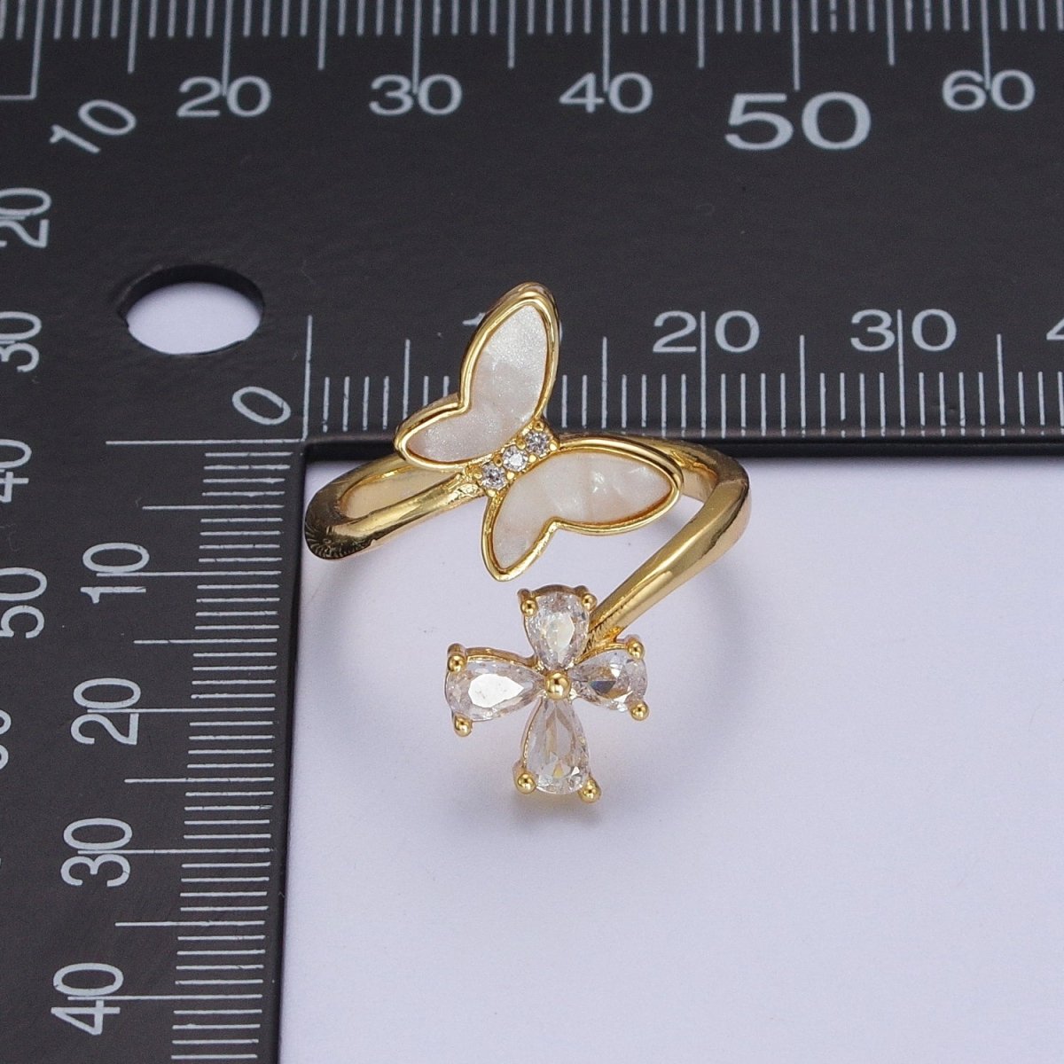 OS Double  Shell Pearl & Clear CZ Mariposa Butterfly Open Adjustable Gold Ring | O-148