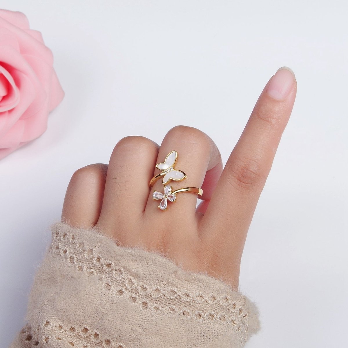 OS Double  Shell Pearl & Clear CZ Mariposa Butterfly Open Adjustable Gold Ring | O-148
