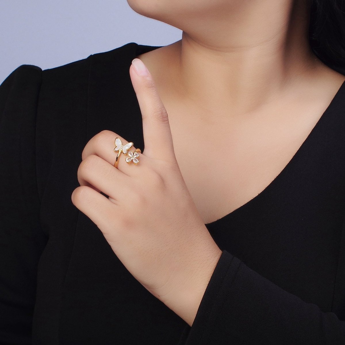 OS Double  Shell Pearl & Clear CZ Mariposa Butterfly Open Adjustable Gold Ring | O-148