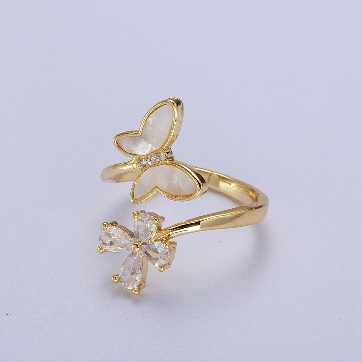 OS Double  Shell Pearl & Clear CZ Mariposa Butterfly Open Adjustable Gold Ring | O-148