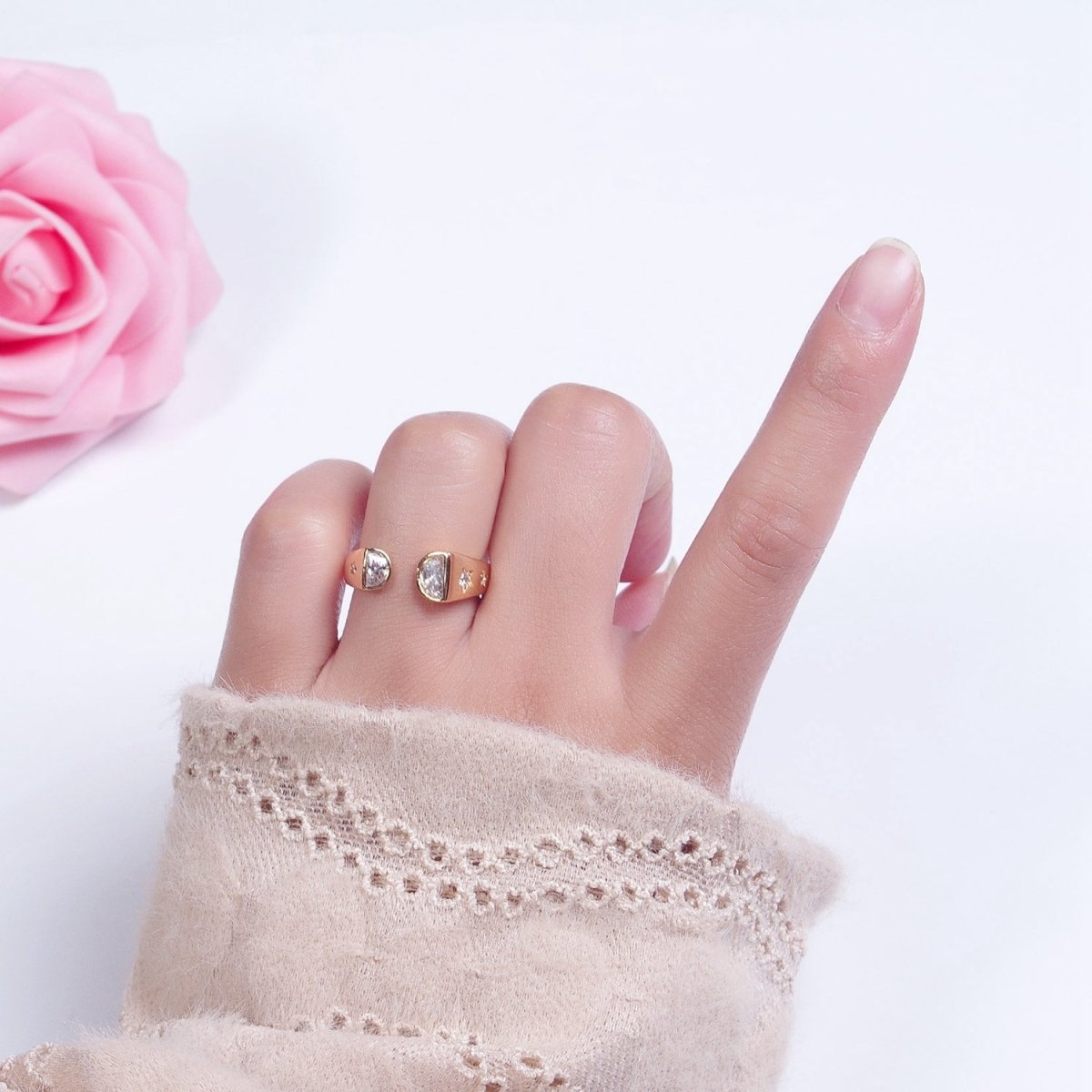 OS Gold Clear Cubic Zirconia Stars Open Adjustable Thick Band Ring R453