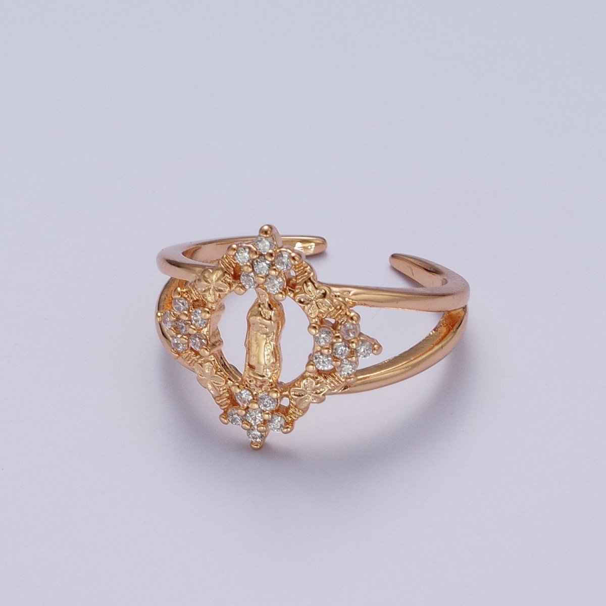 OS Gold Double Band Religious Mother Virgin Mary Flowers Cubic Zirconia CZ Adjustable Ring | O-1990