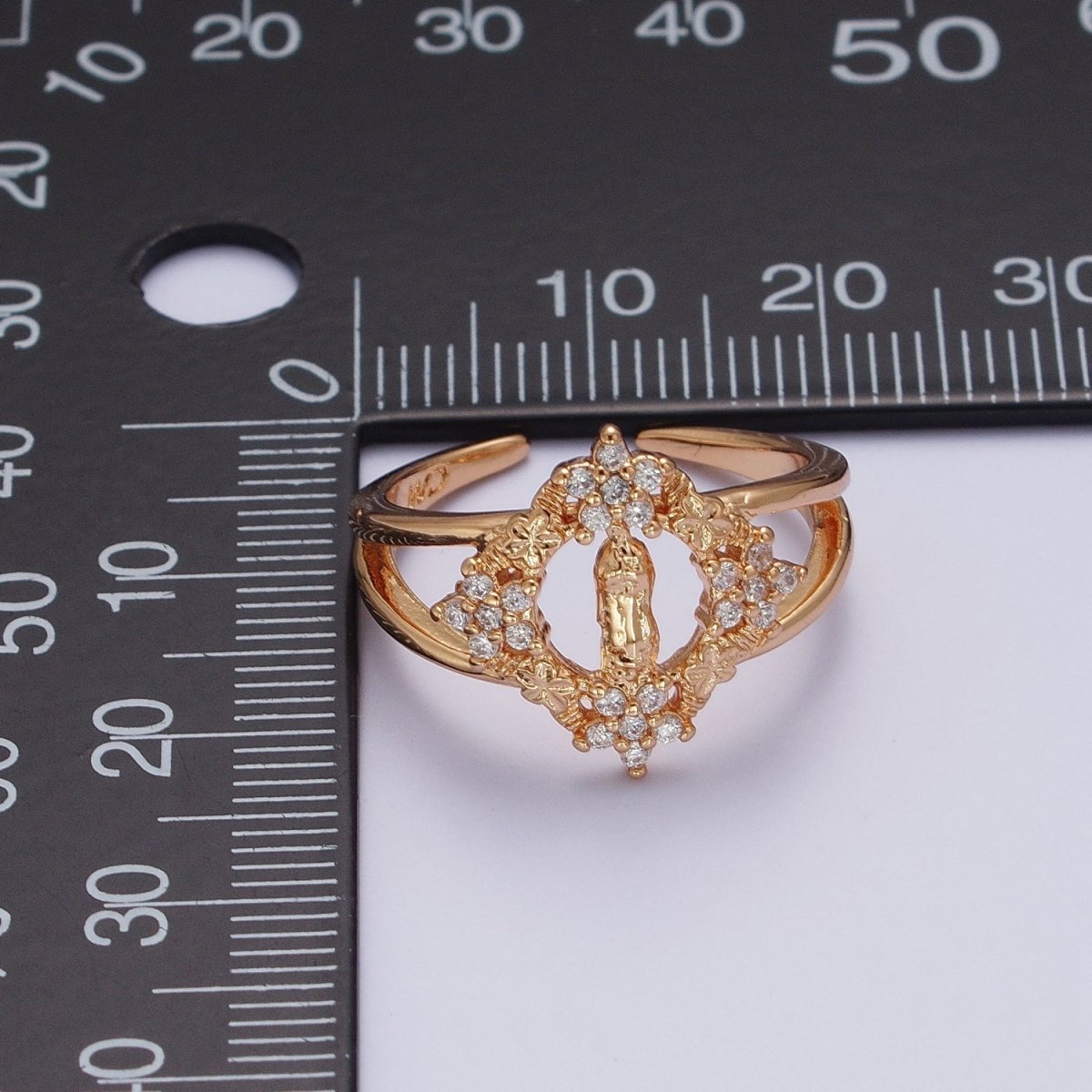 OS Gold Double Band Religious Mother Virgin Mary Flowers Cubic Zirconia CZ Adjustable Ring | O-1990