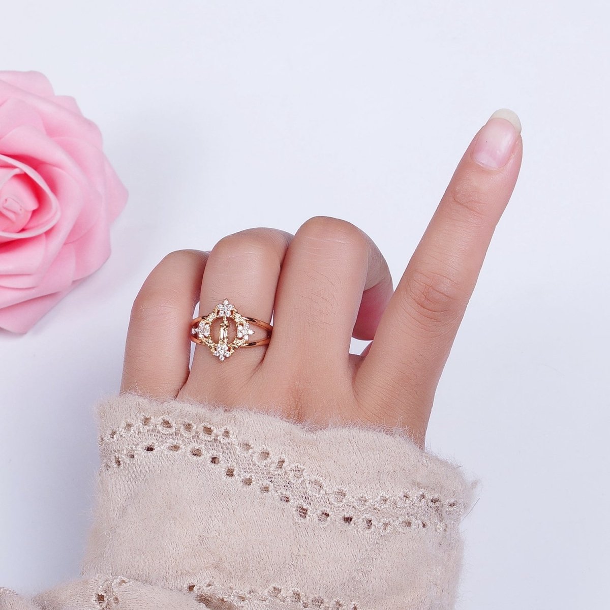 OS Gold Double Band Religious Mother Virgin Mary Flowers Cubic Zirconia CZ Adjustable Ring | O-1990