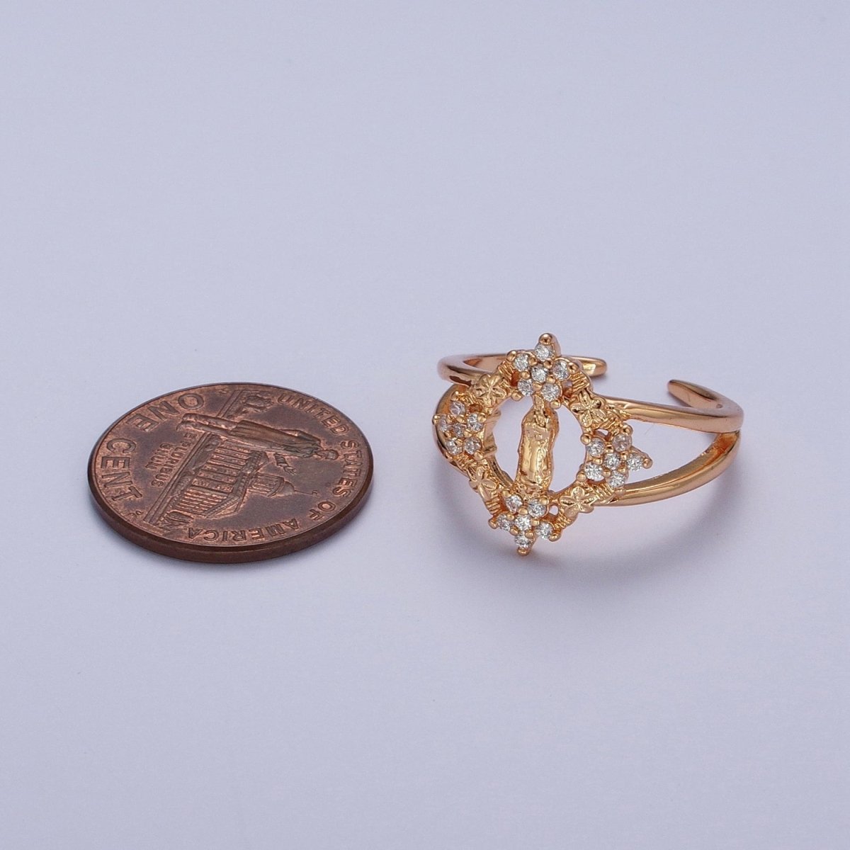 OS Gold Double Band Religious Mother Virgin Mary Flowers Cubic Zirconia CZ Adjustable Ring | O-1990