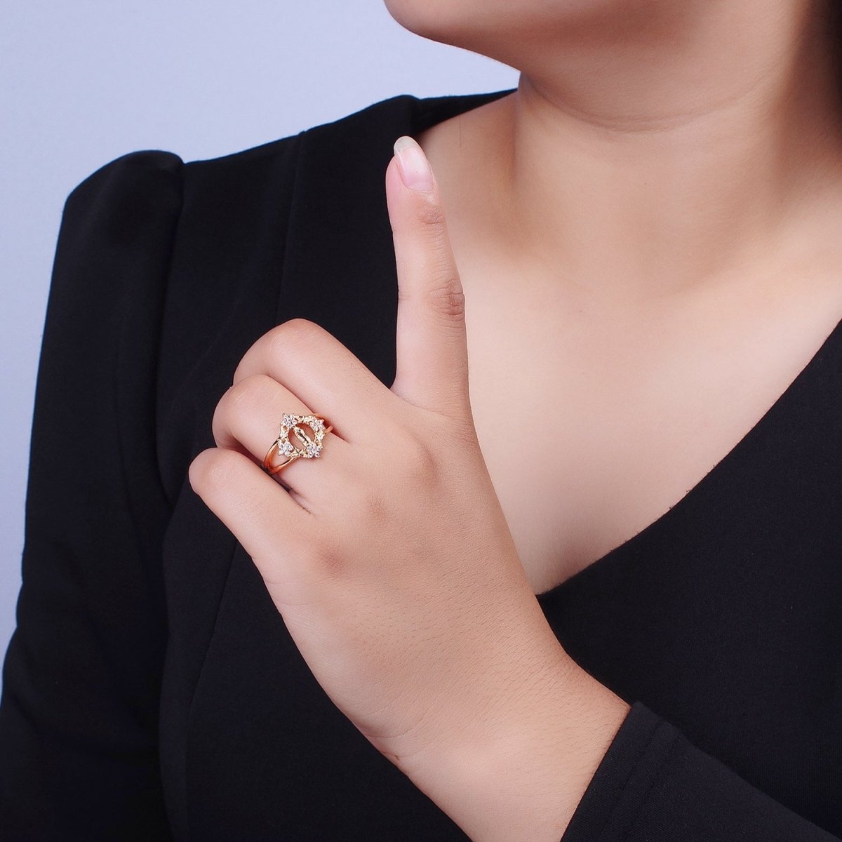 OS Gold Double Band Religious Mother Virgin Mary Flowers Cubic Zirconia CZ Adjustable Ring | O-1990