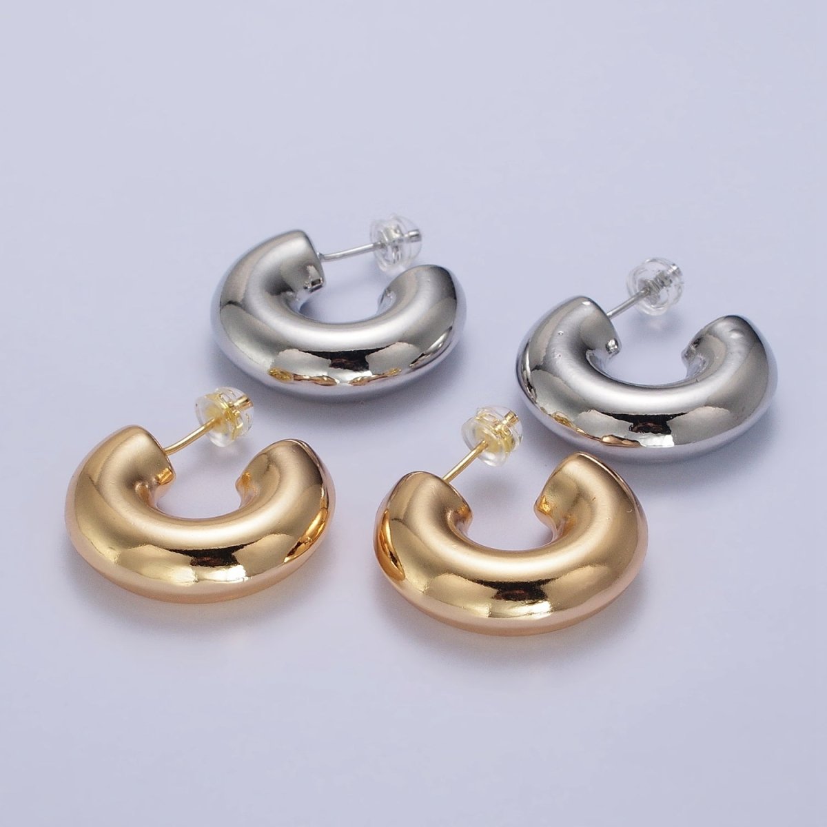 Gold Filled Edged Wide Chubby Geometric C-Shaped Hoop Earrings in Gold & Silver | AB342 AB343